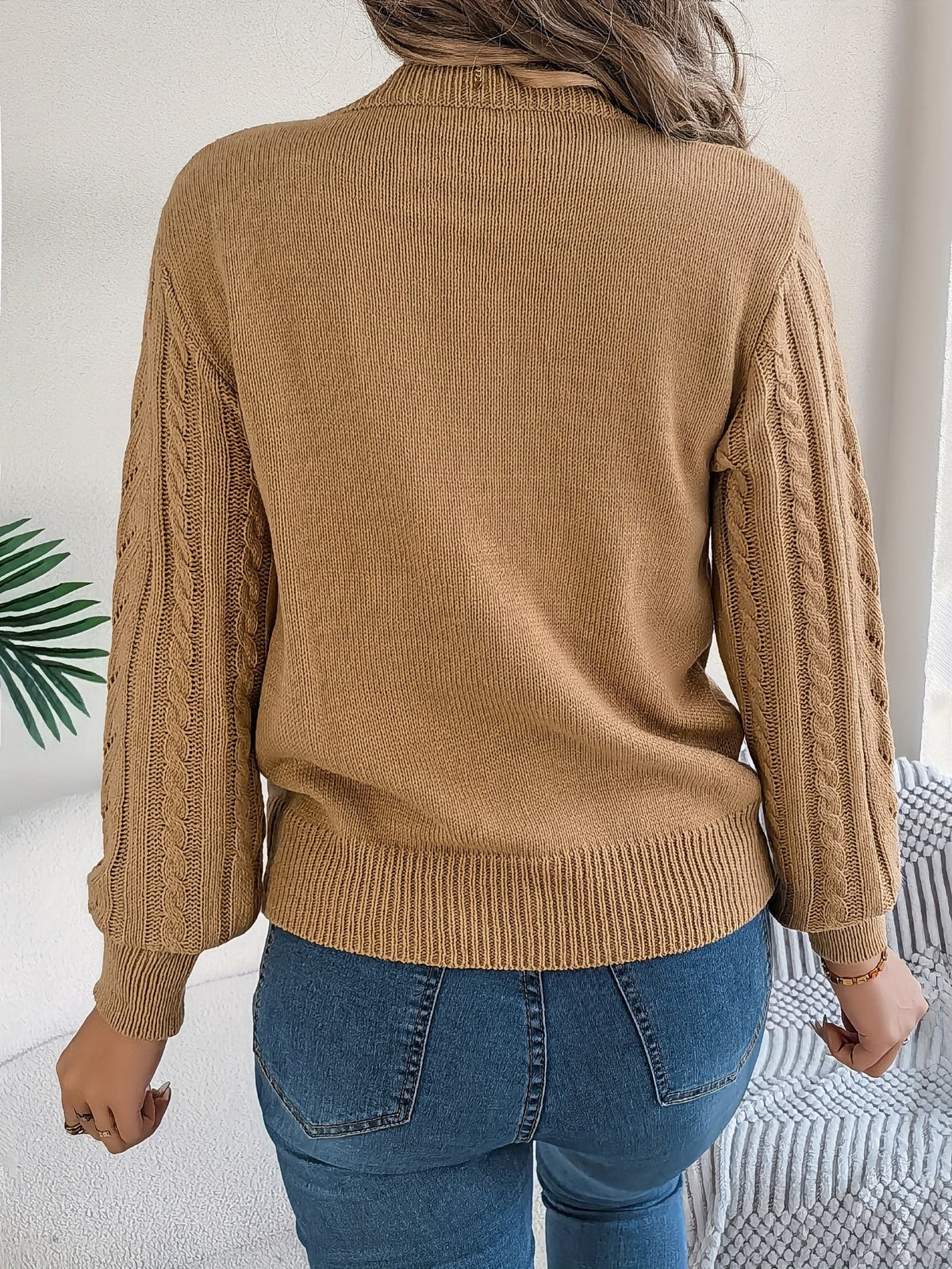 Women's Cable-Knit Openwork Round-Neck Sweater - Orange-red