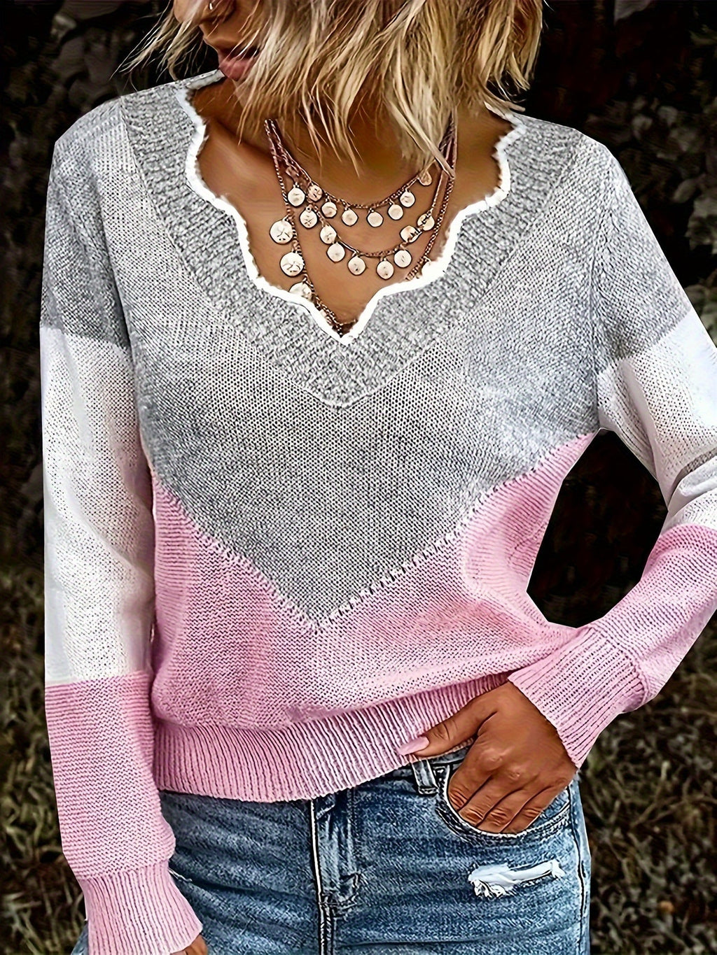 Women's Colorblock V-Neck Pullover Sweater