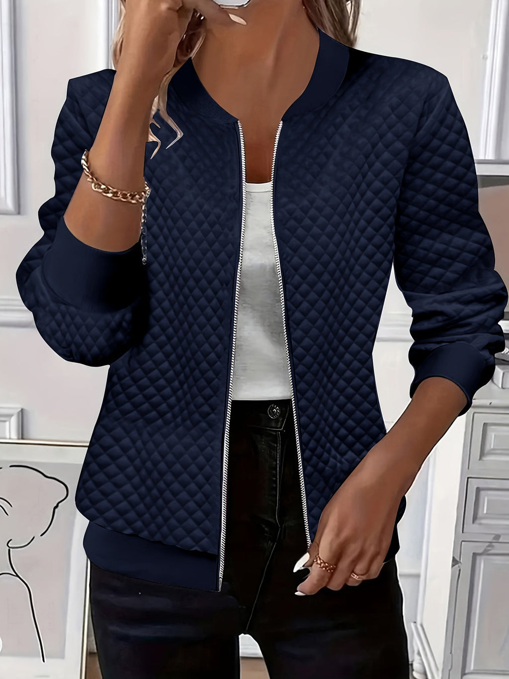 Women's Quilted-Texture Baseball Collar Jacket - Navy