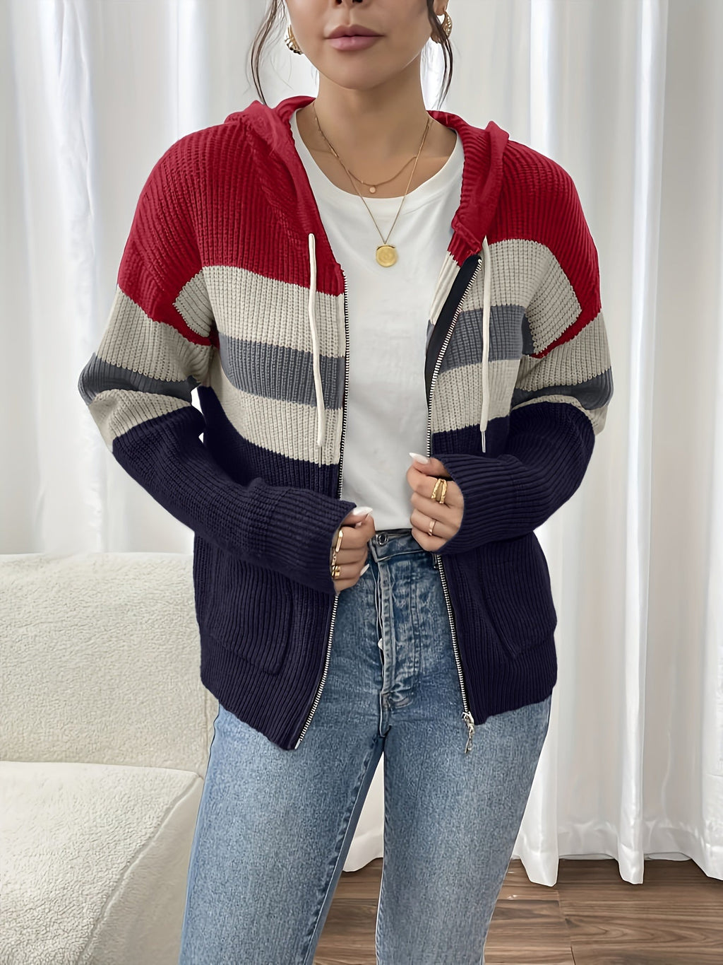 Women's Ribbed Color-Block Hooded Zip Cardigan
