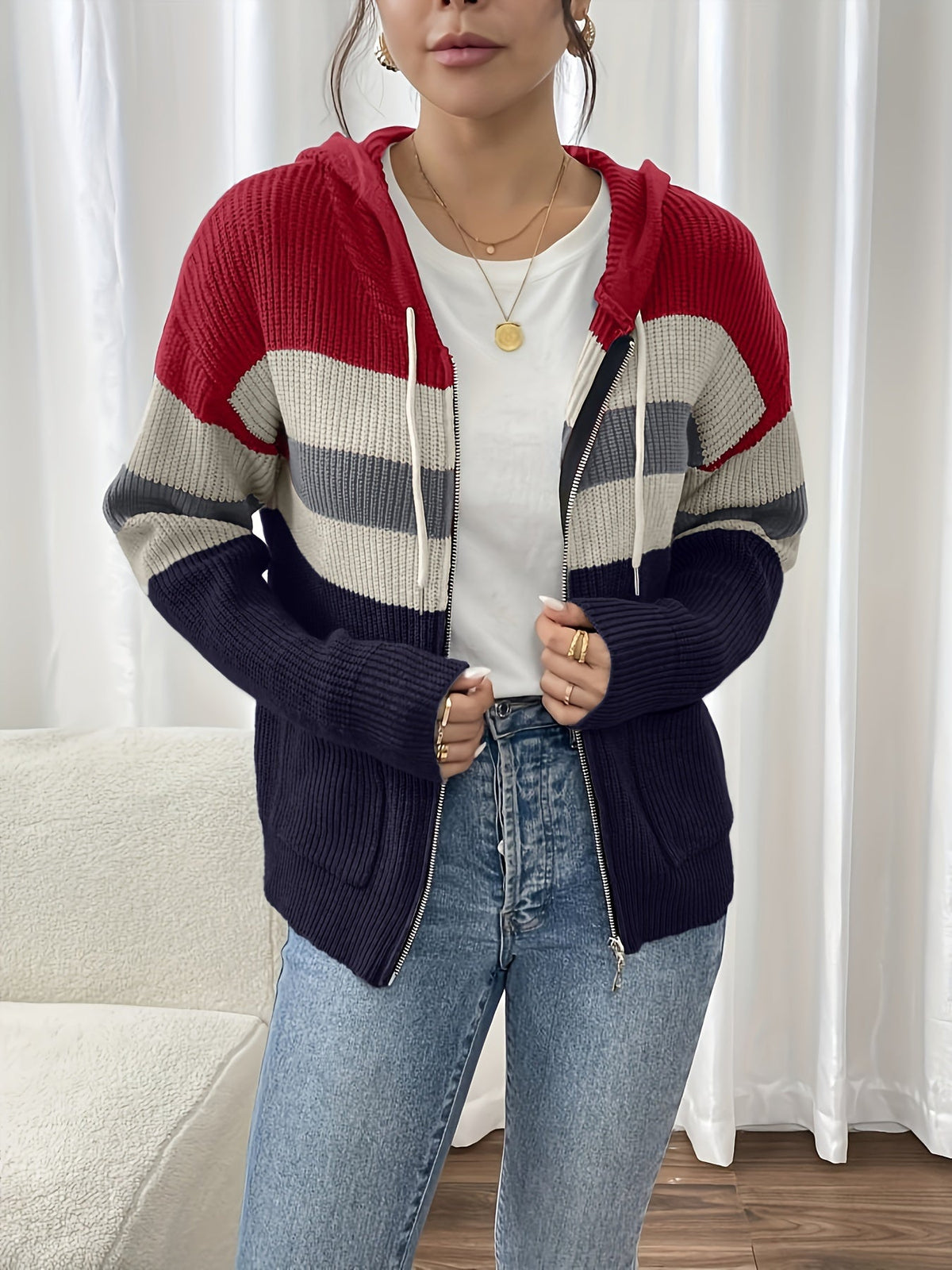 Women's Ribbed Color-Block Hooded Zip Cardigan