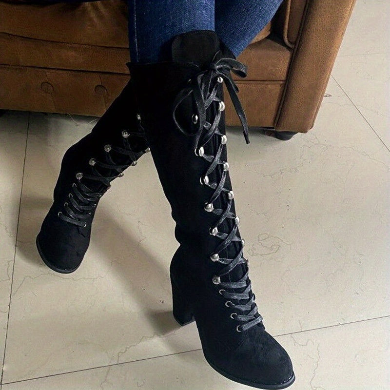 Women's Lace-Up Front Chunky Heel Tall Boots - Black