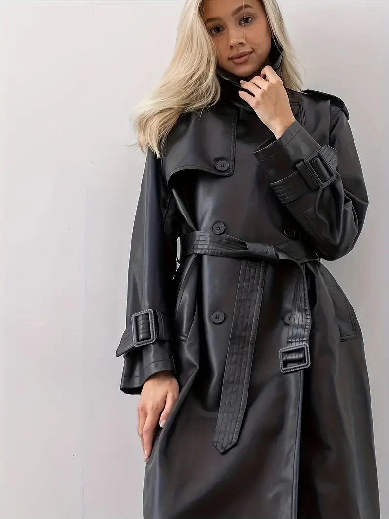 Women's Faux Leather Belted Trench Coat