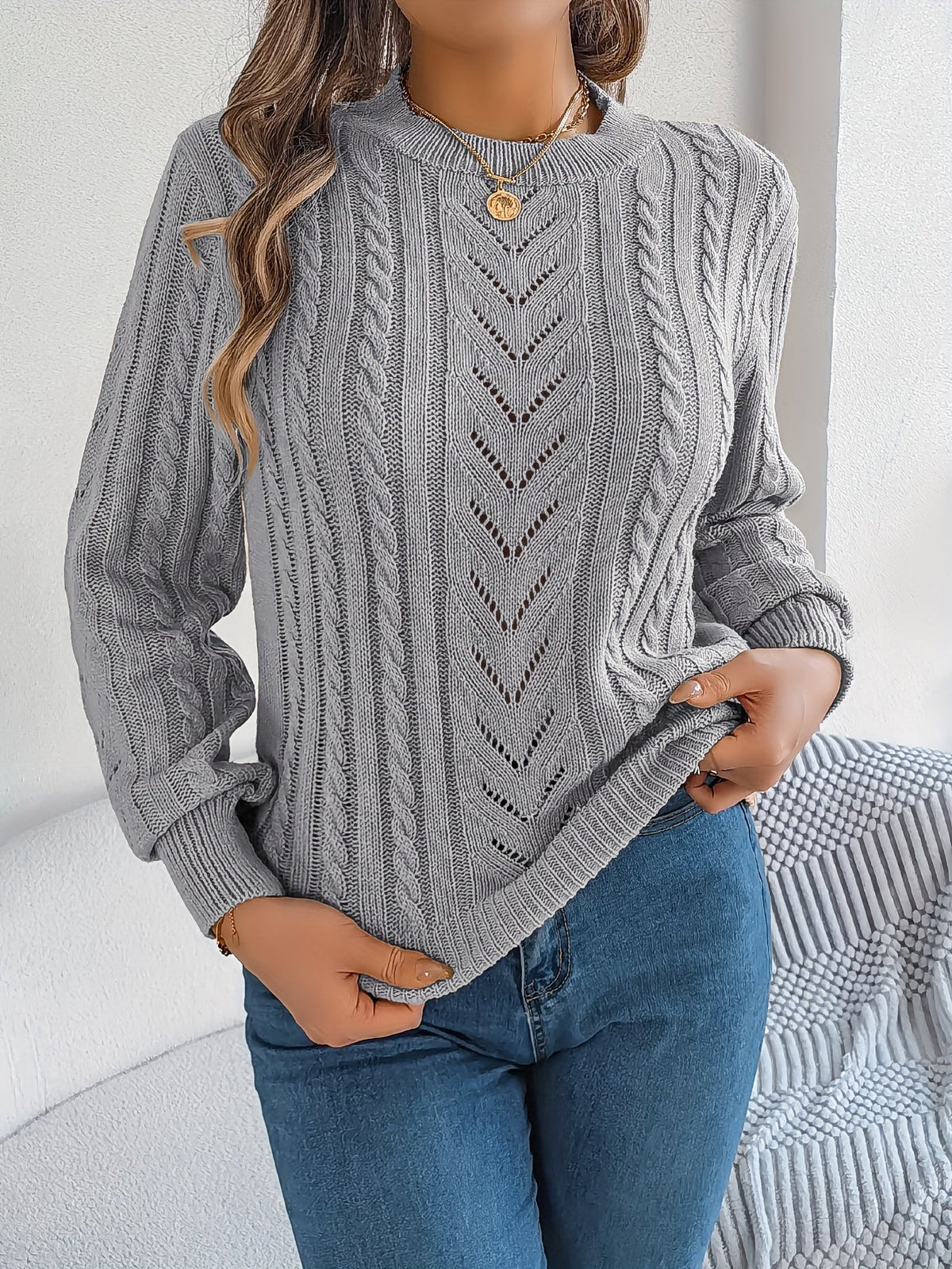 Women's Cable-Knit Openwork Round-Neck Sweater