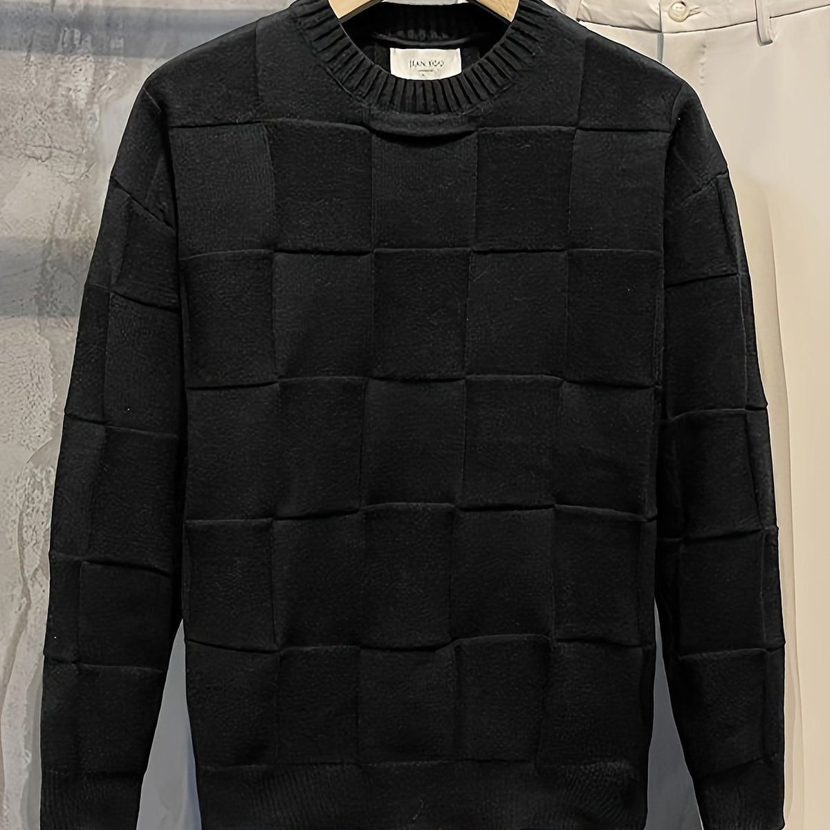 Women's Textured Checkerboard Crewneck Sweater - Black