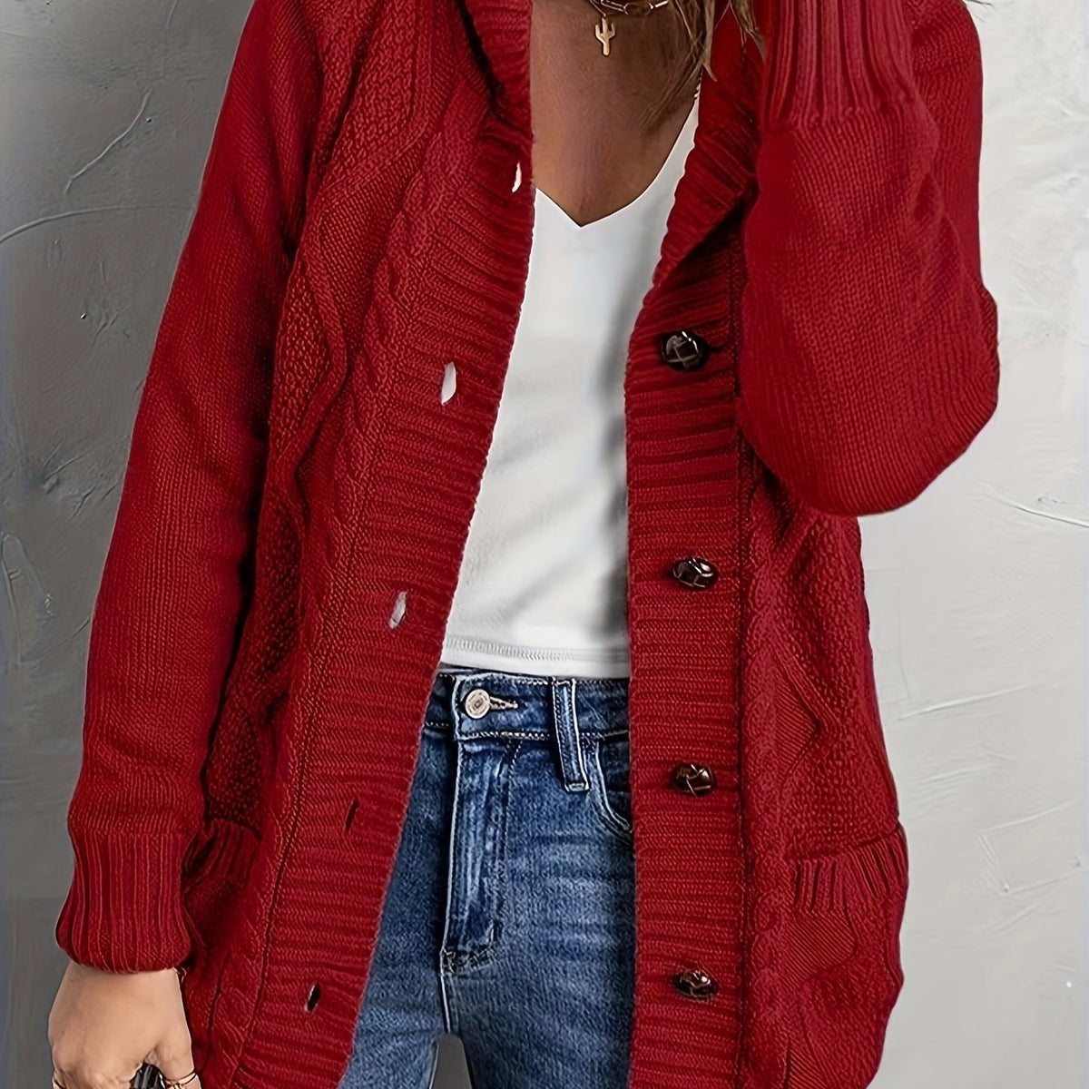 Women's Plush-Lined Hooded Button Cardigan - Red