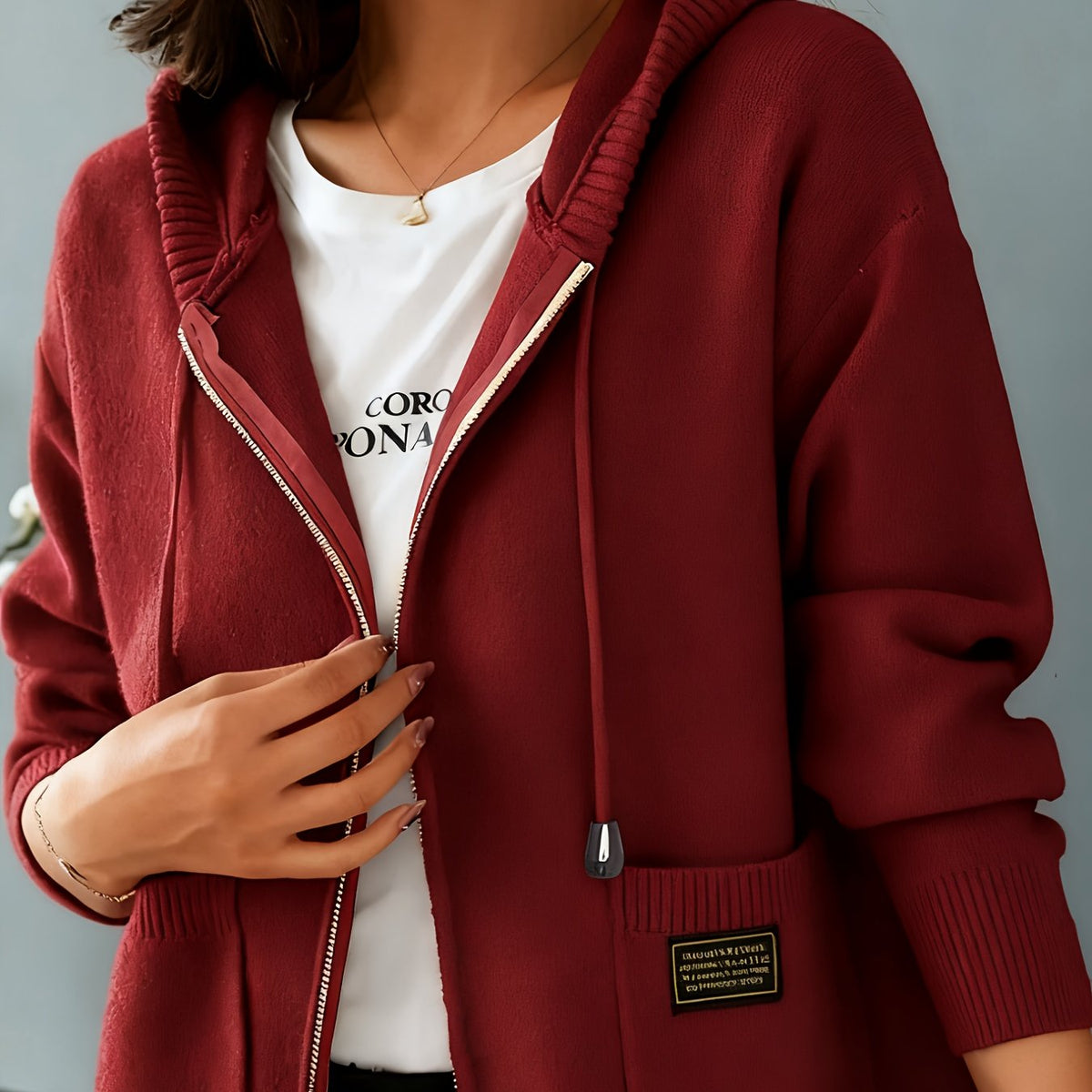 Women's Zip-Up Hooded Cardigan with Pockets - Brick Red