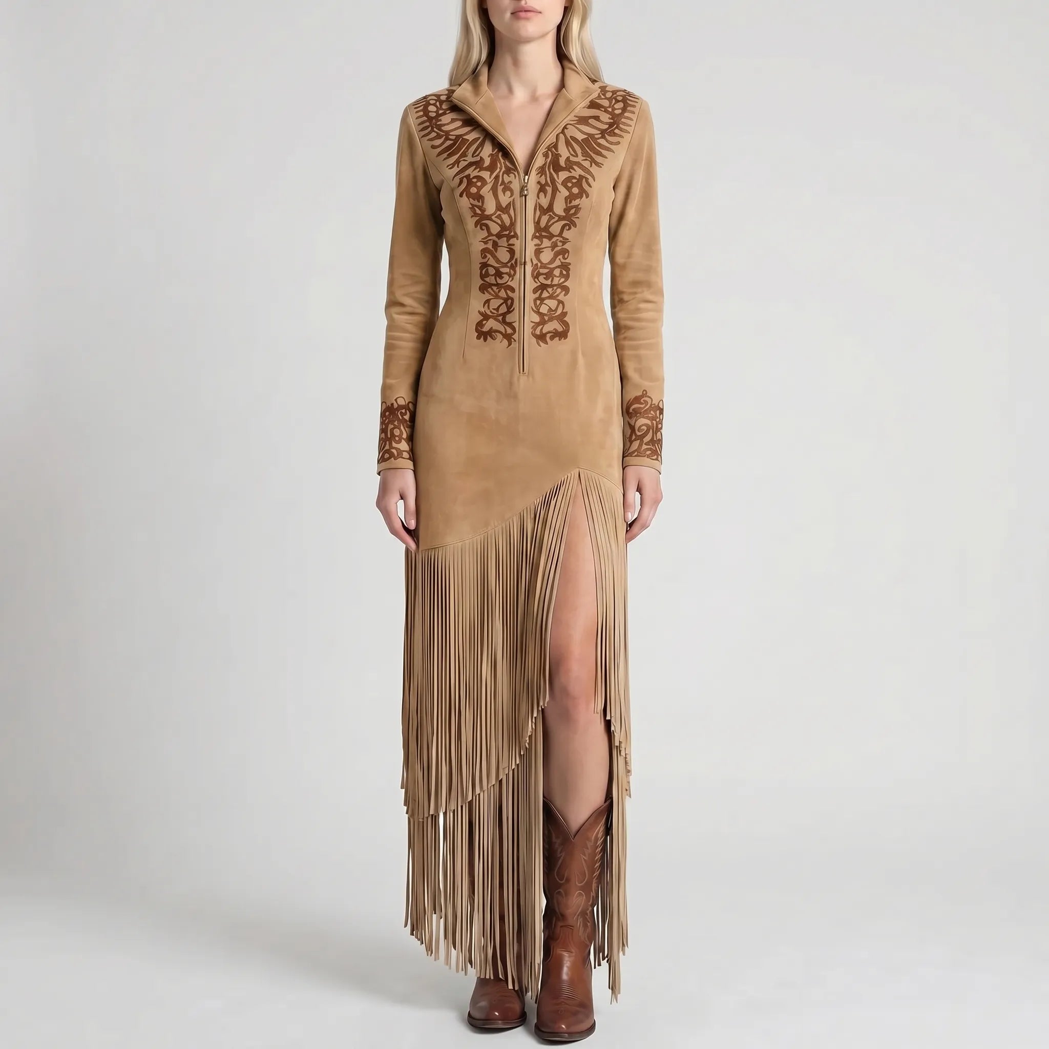 Long Sleeve Fringe Maxi Dress with Embroidered Detail