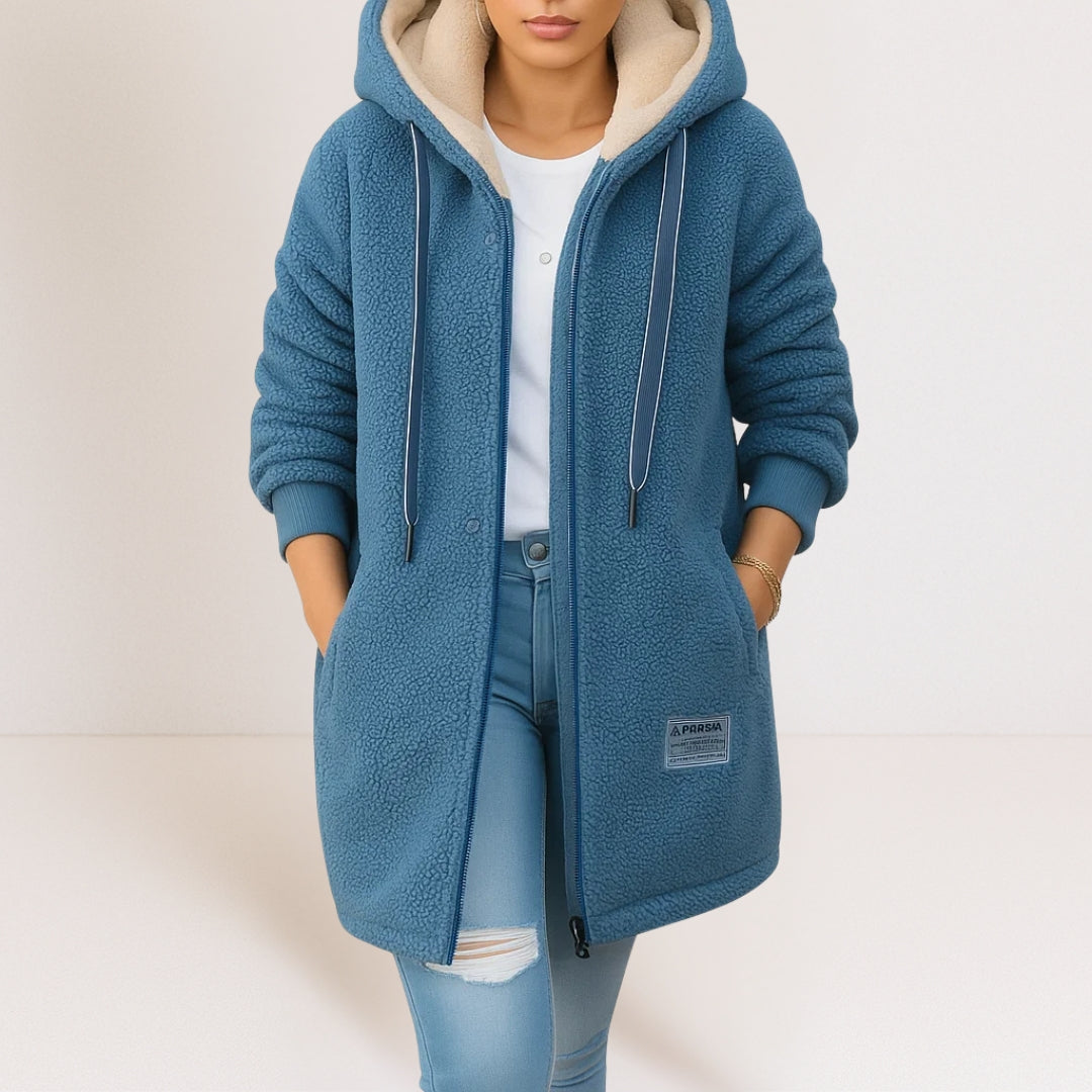 Women's Longer-Length Hooded Coat with Lined Hood - Blue