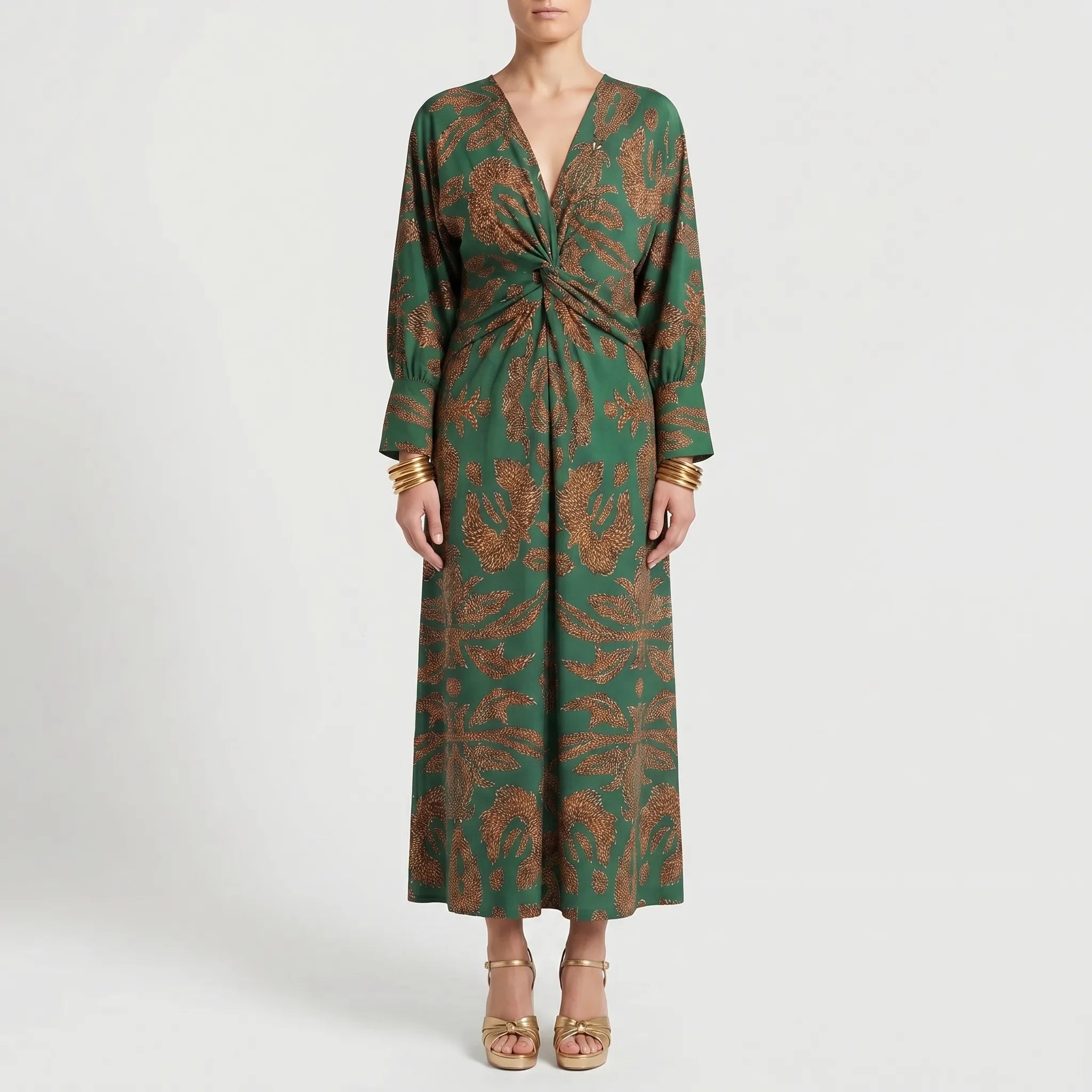 V-Neck Printed Maxi Dress with Twist Waist