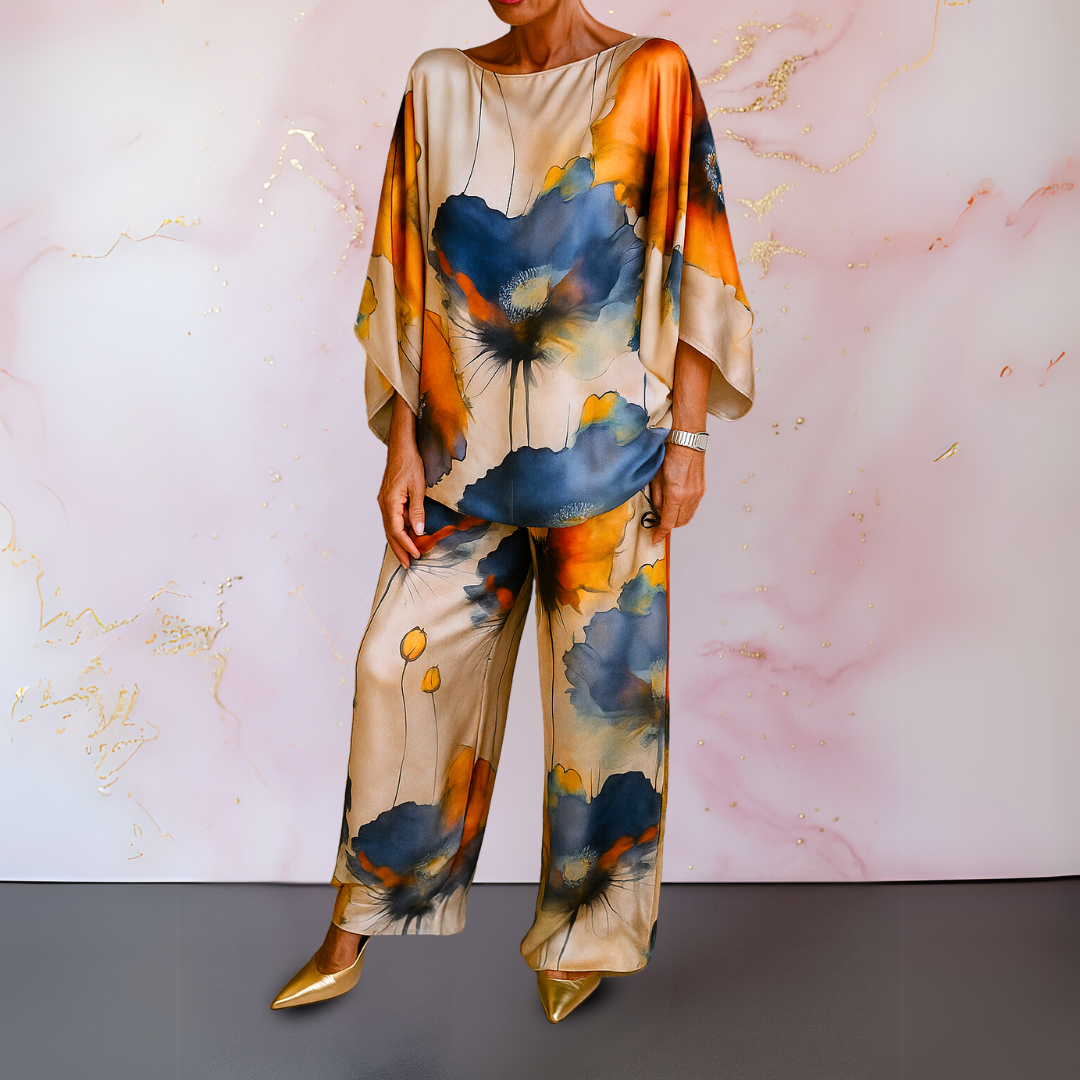 Women's Satin Two-Piece Top and Pants Set - Navy Blue