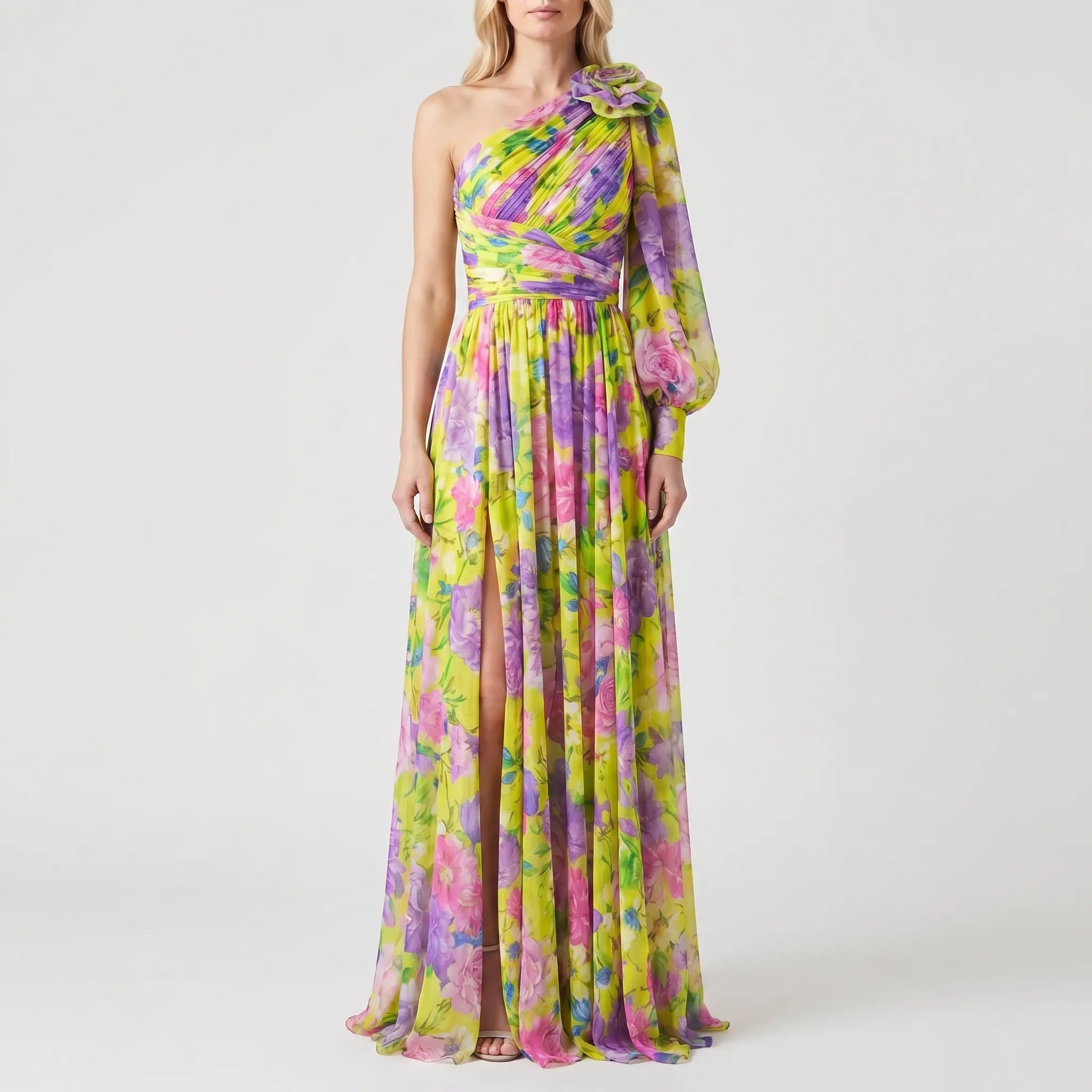 Floral One-Shoulder Maxi Dress with High Slit