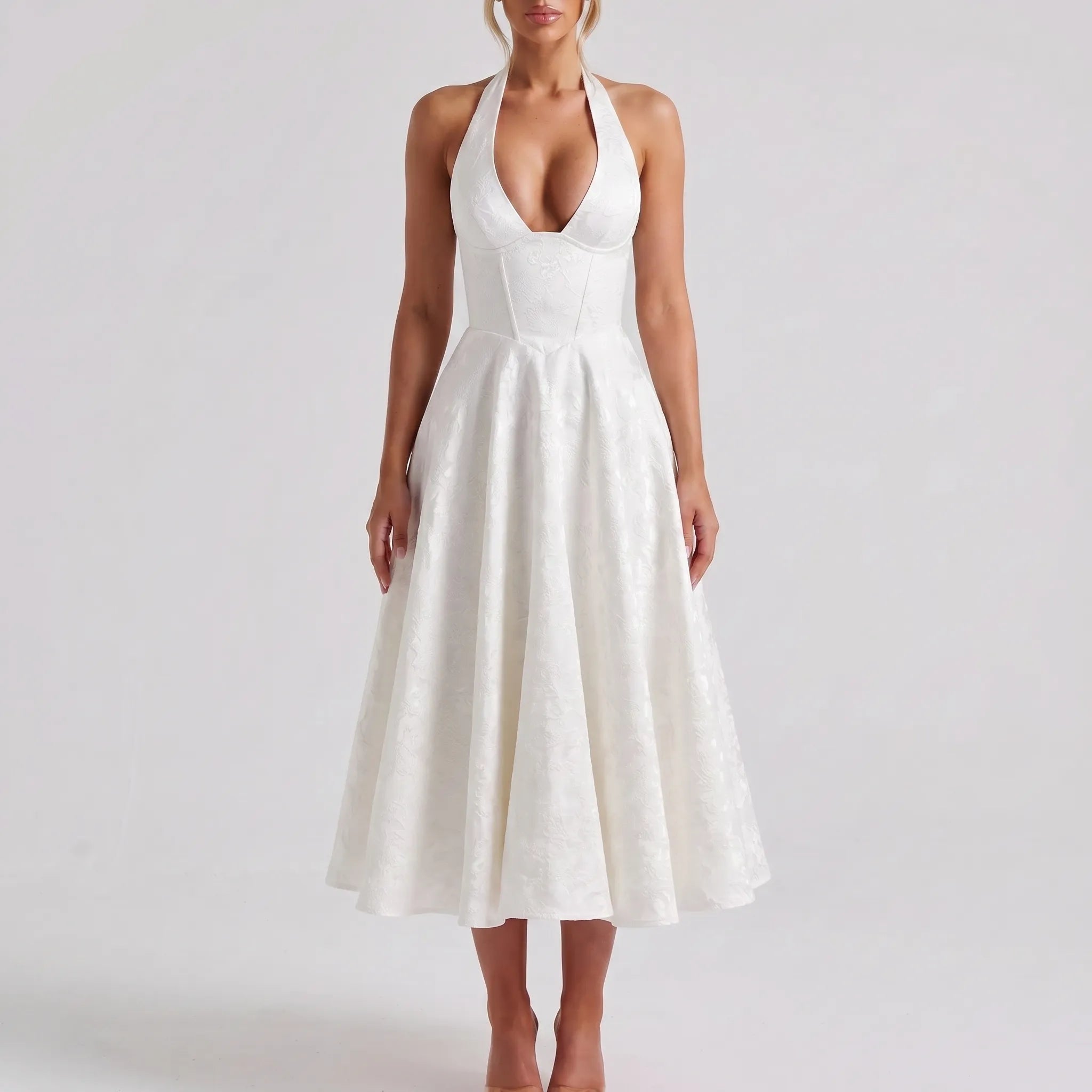 V-Neck Halter Midi Dress with Flared Skirt