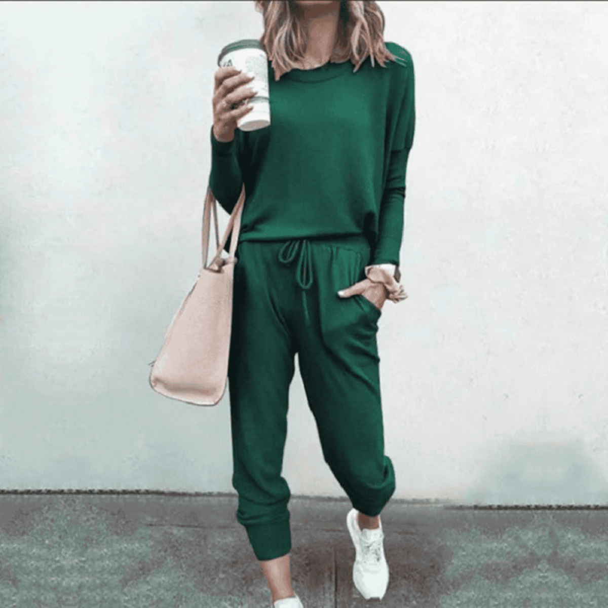 Women's Relaxed Long-Sleeve Top and Jogger Set - Dark Green
