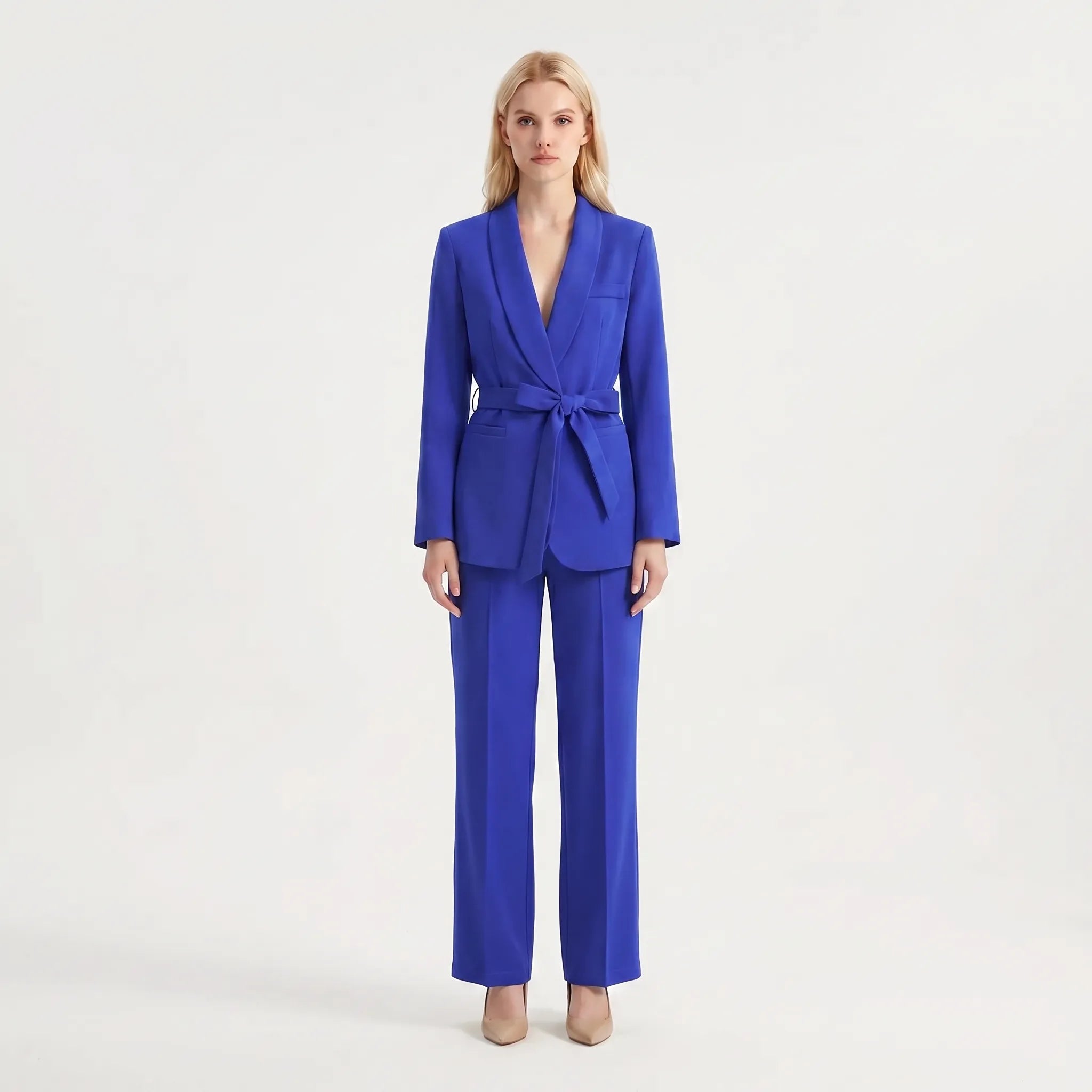 Women's Belted Blazer and Wide Leg Pants 2 Piece Suit Set