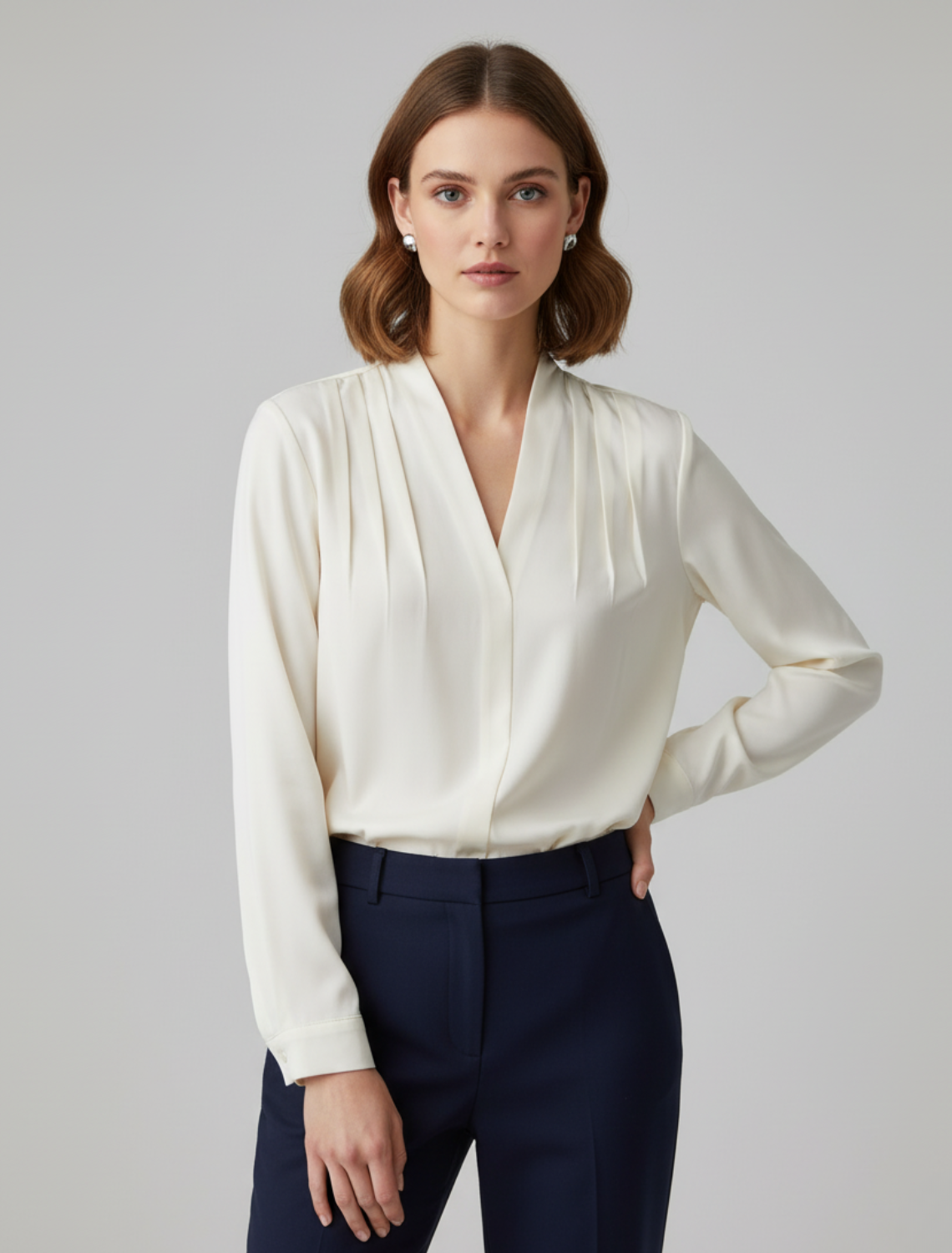 Women's Pleated V-Neck Blouse Long-Sleeve Top for Office and Everyday Wear
