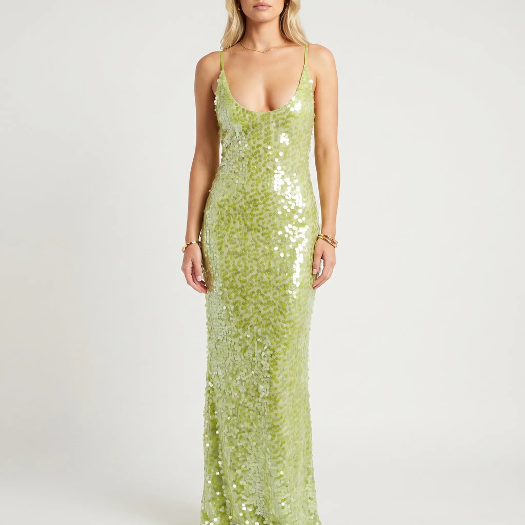 Sequin Open-Back Maxi Dress