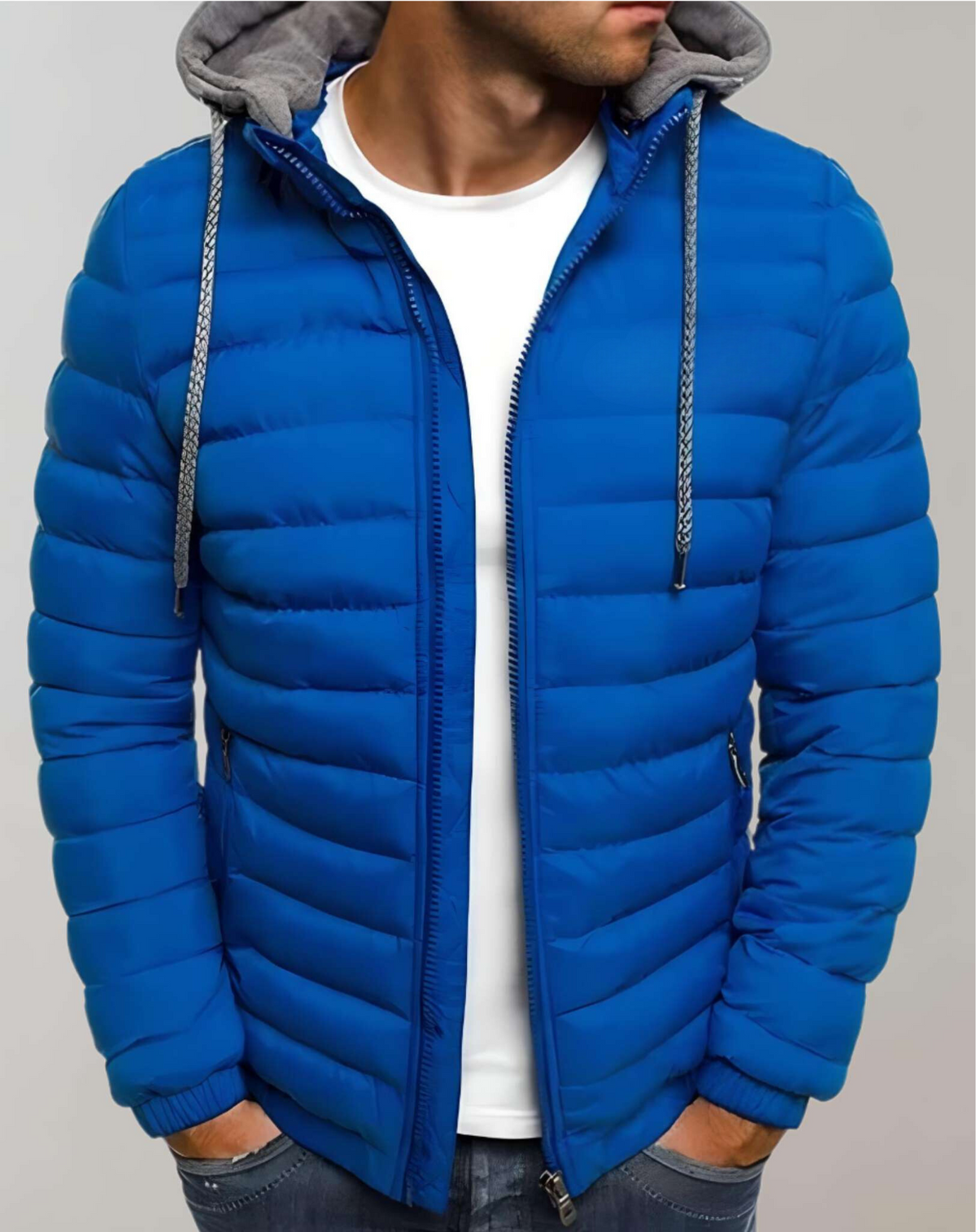 Men's Lightweight Padded Jacket with Hood and Elastic Cuffs - Dark Blue