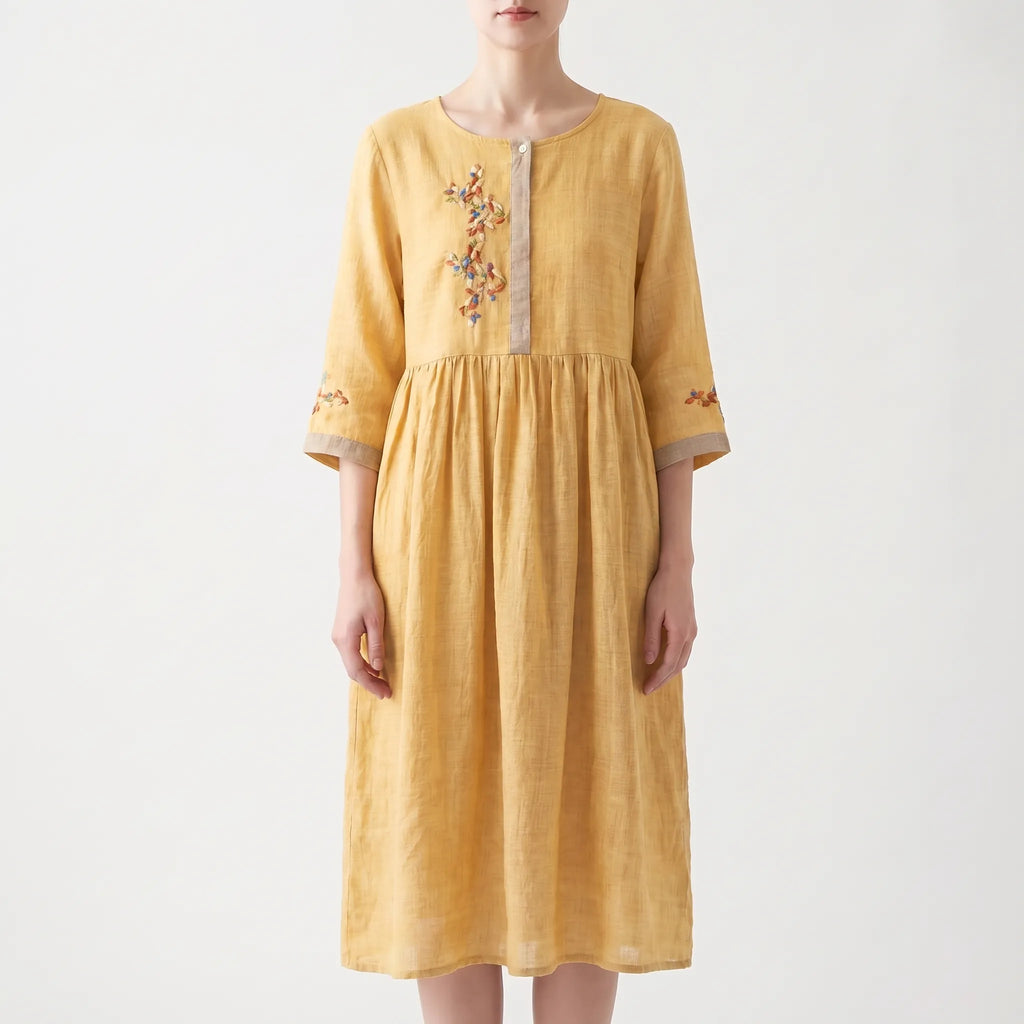 Women's Embroidered Boho Midi Dress - Casual Summer Sundress