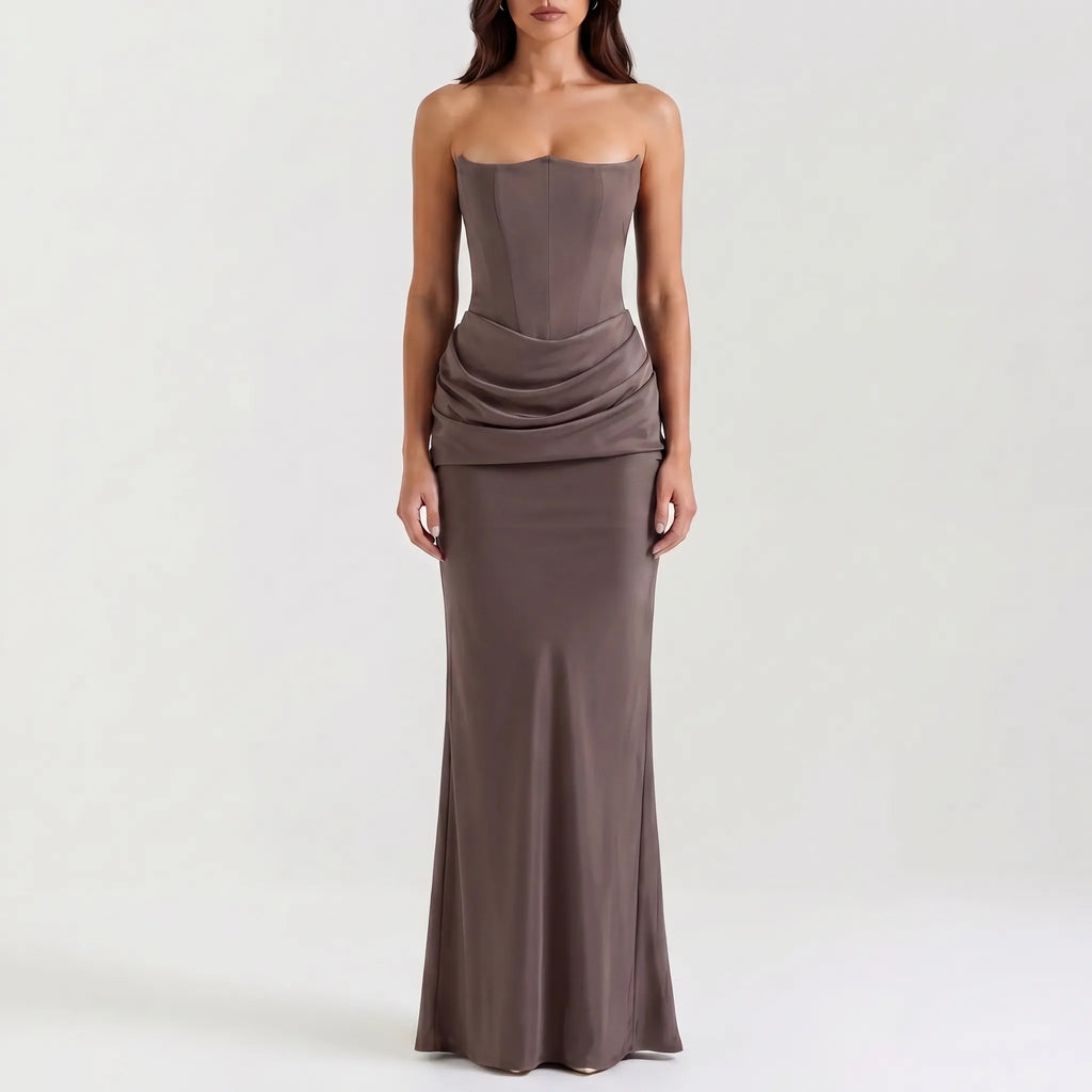Women's Strapless Maxi Dress - Elegant Draped for Occasions