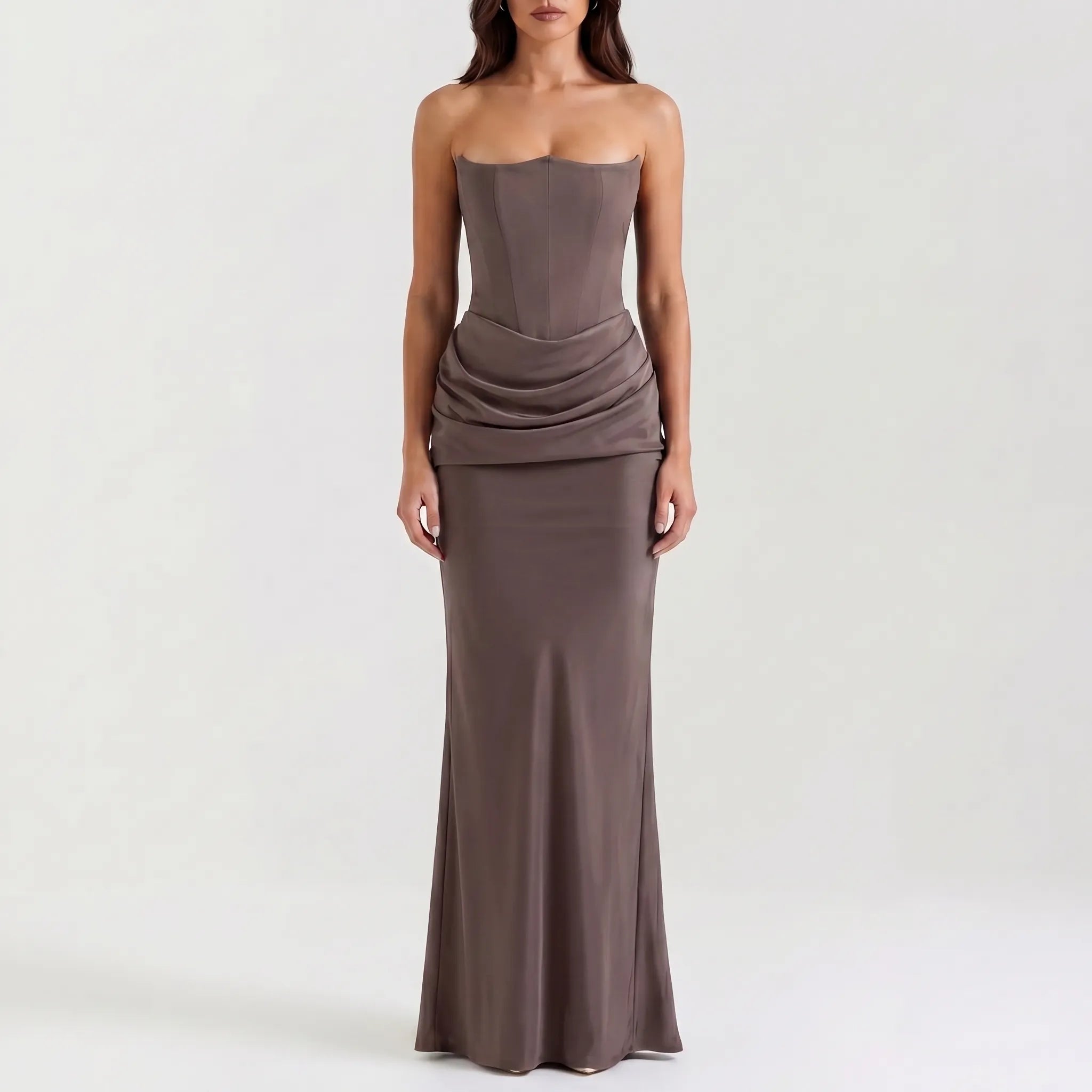 Women's Strapless Maxi Dress - Elegant Draped for Occasions