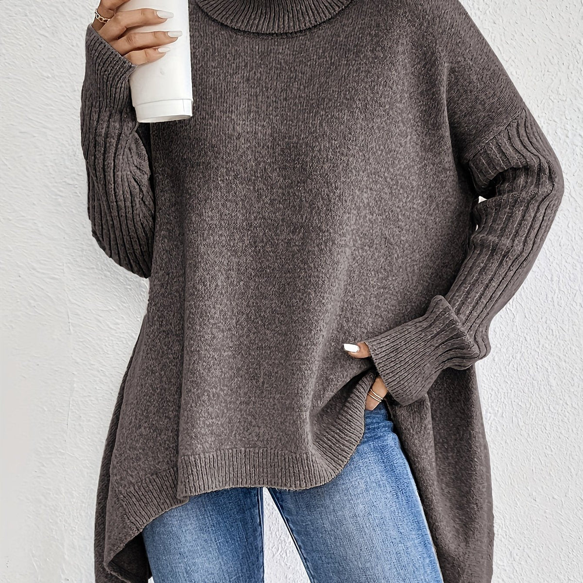 Women's Relaxed Turtleneck Sweater with Longer Hemline - Flower Brown