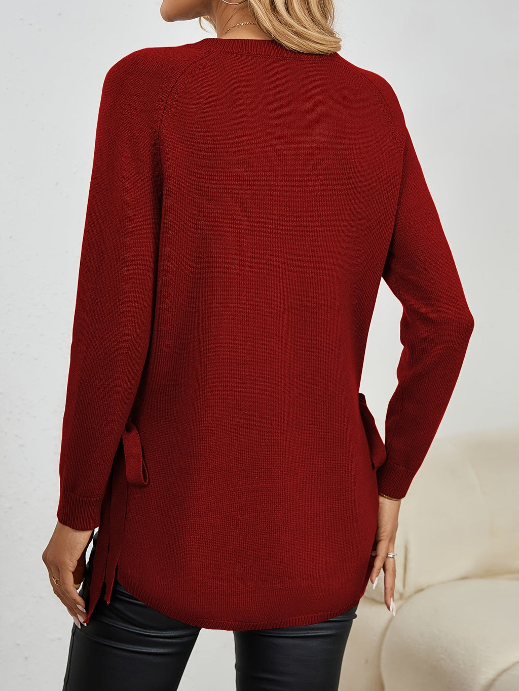 Women's Relaxed Longline Round Neck Sweater with Side Slits