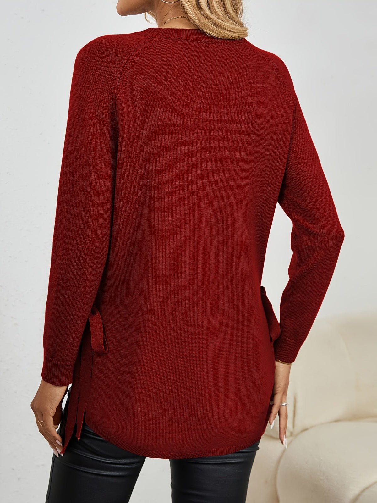 Women's Relaxed Longline Round Neck Sweater with Side Slits