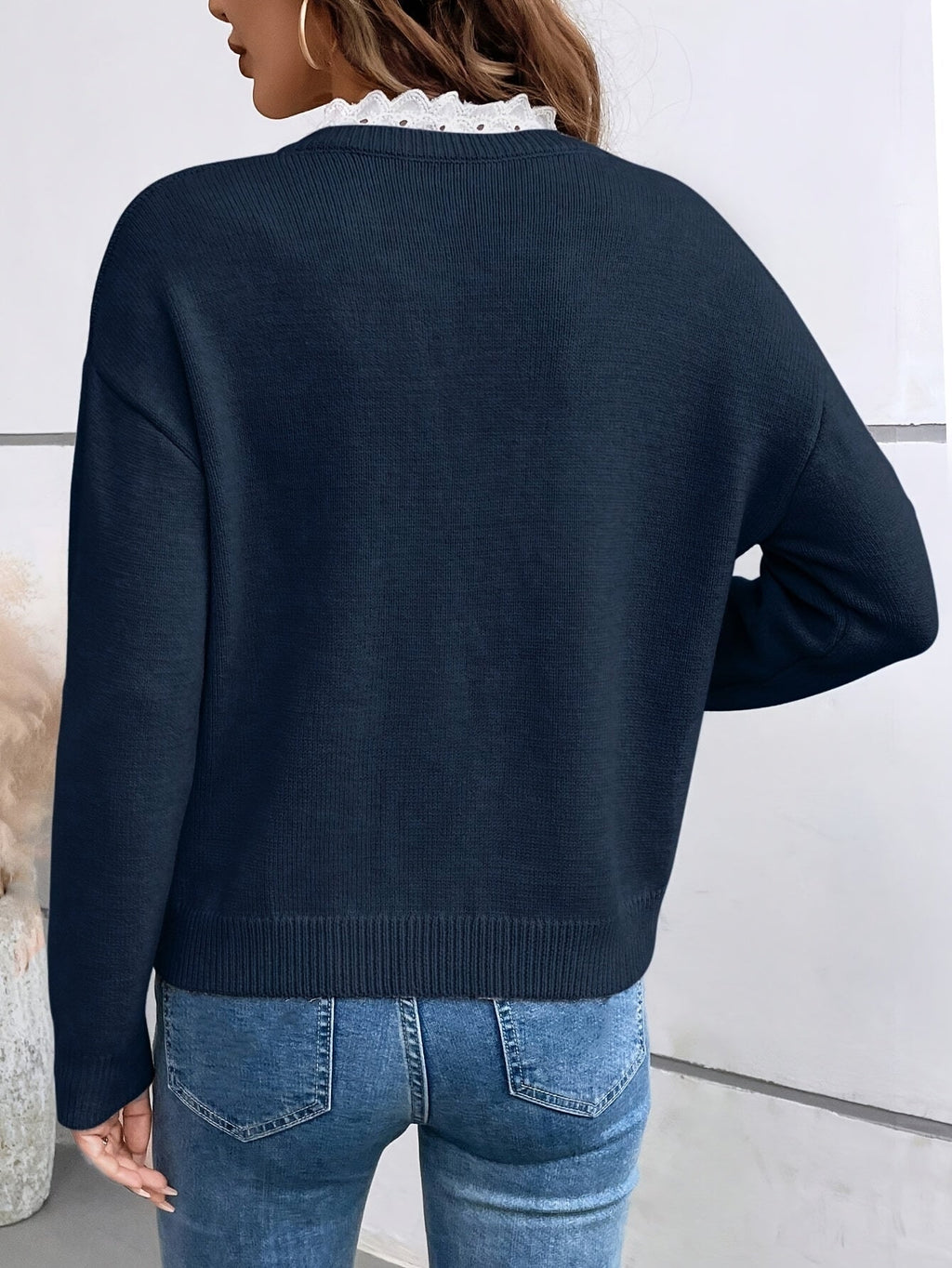 Women's Ribbed Knit Lace Collar Blouse