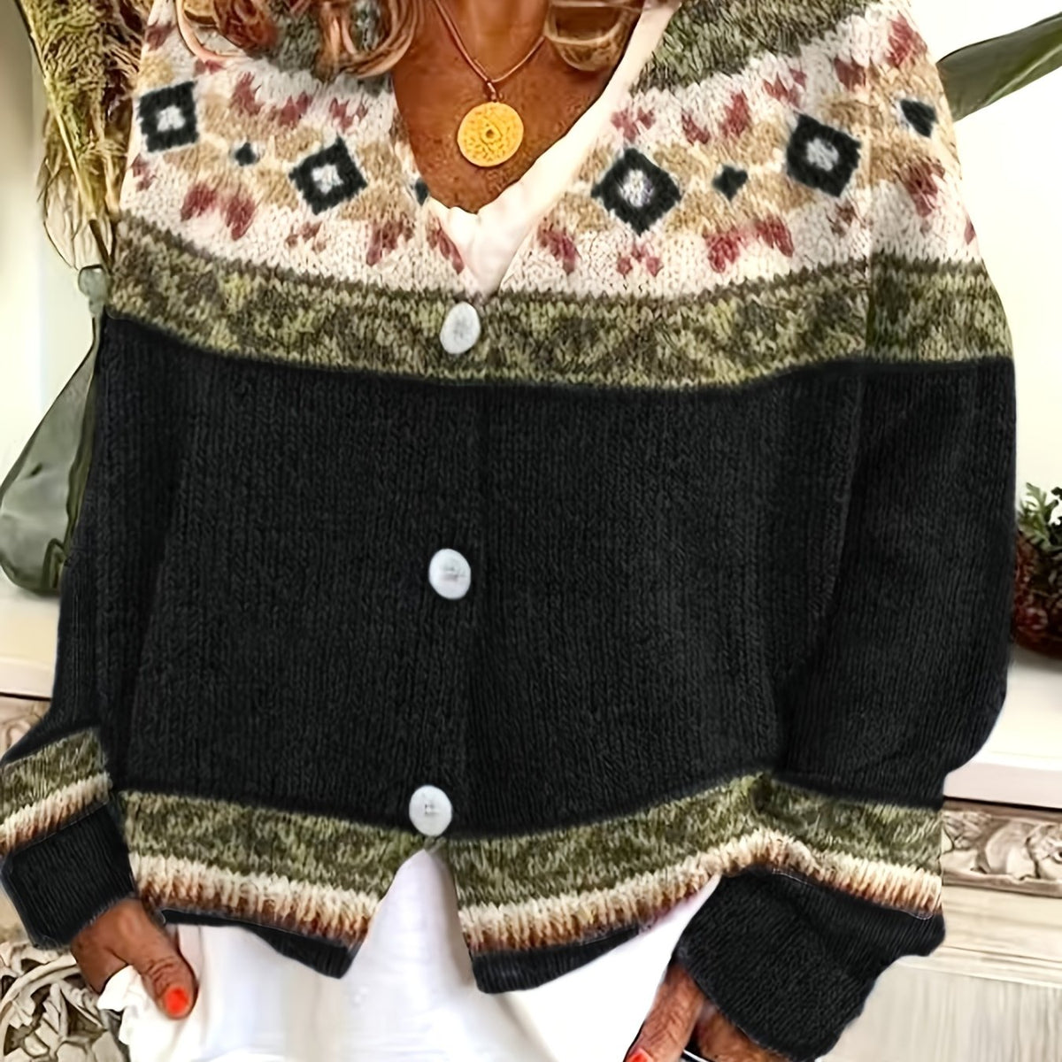 Women's Geometric Yoke Button-Front Cardigan - Deep Gray