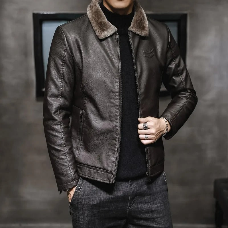 Men's Faux-Fur Collar Windproof Zip Jacket - Dark Brown
