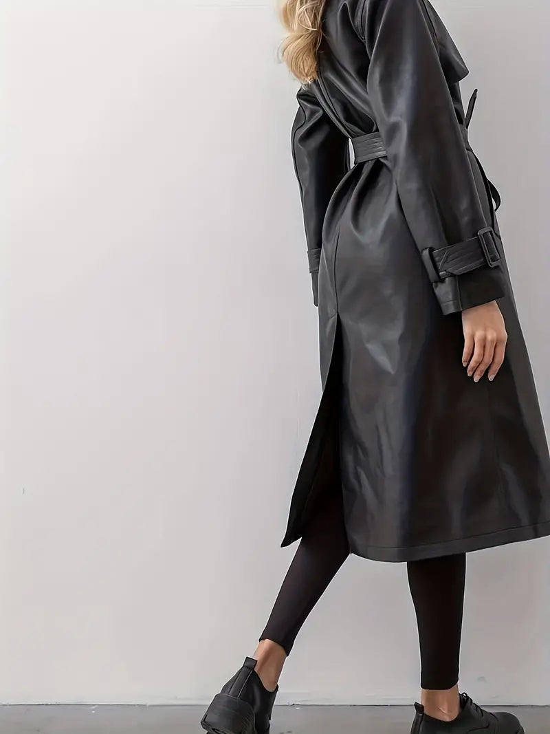 Women's Faux Leather Belted Trench Coat