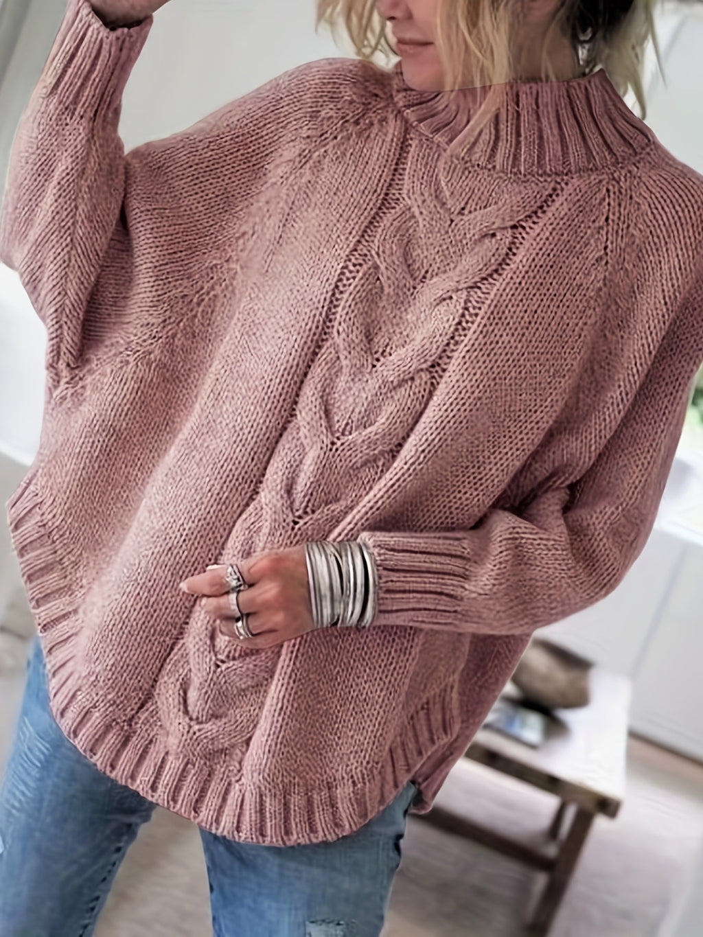 Women's Cable-Knit High Neck Relaxed Sweater