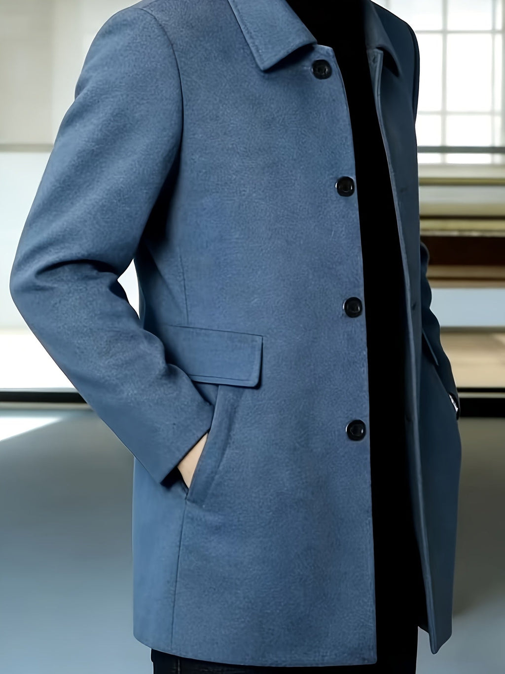Men's Refined Single-Breasted Overcoat with Side Pockets