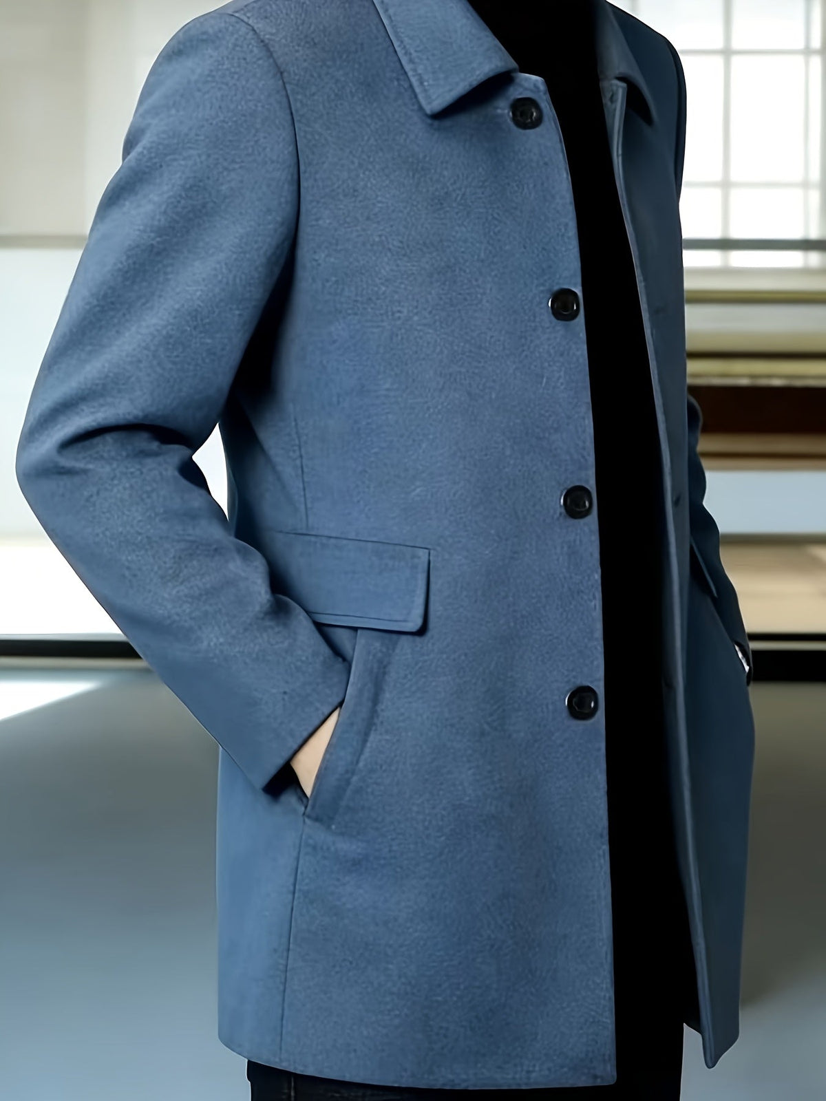 Men's Refined Single-Breasted Overcoat with Side Pockets