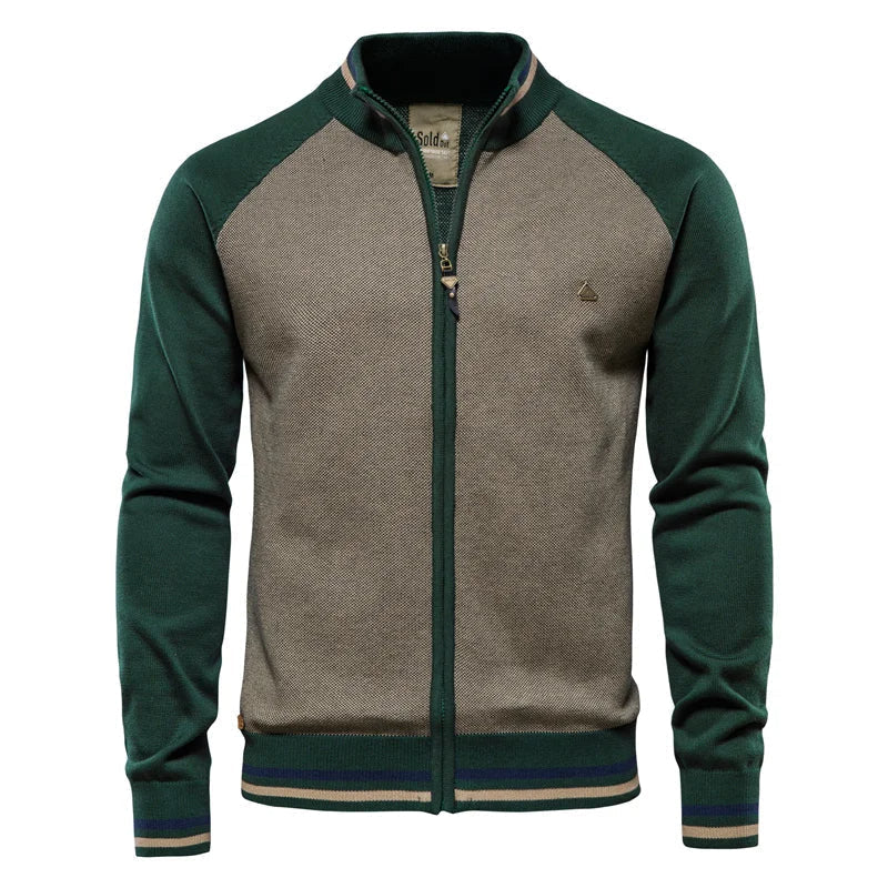 Men's Cotton Stand Collar Zip-Up Knit Cardigan - Green