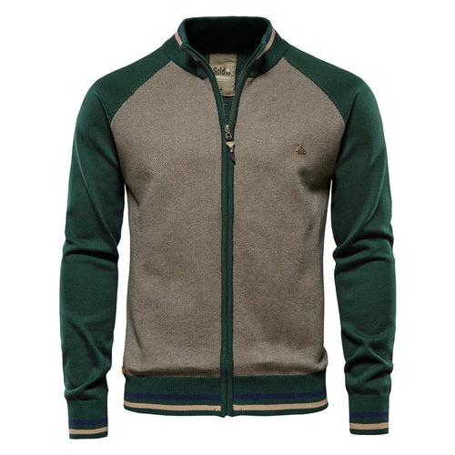 Men's Cotton Stand Collar Zip-Up Knit Cardigan - Green