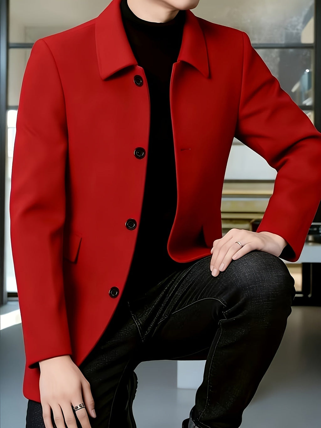 Men's Refined Single-Breasted Overcoat with Side Pockets