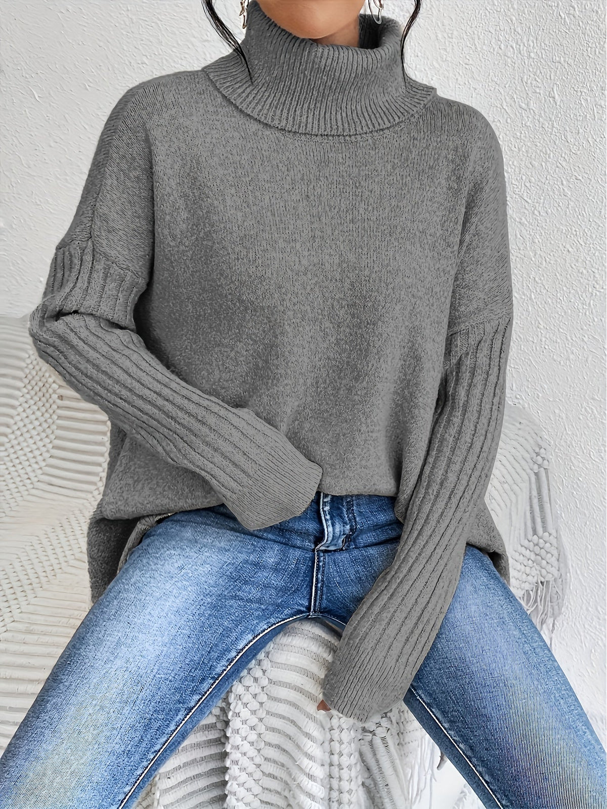 Women's Relaxed Turtleneck Sweater with Longer Hemline