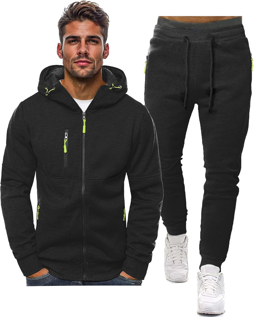 Men's Full-Zip Hooded Jacket and Jogger Tracksuit Set - Black