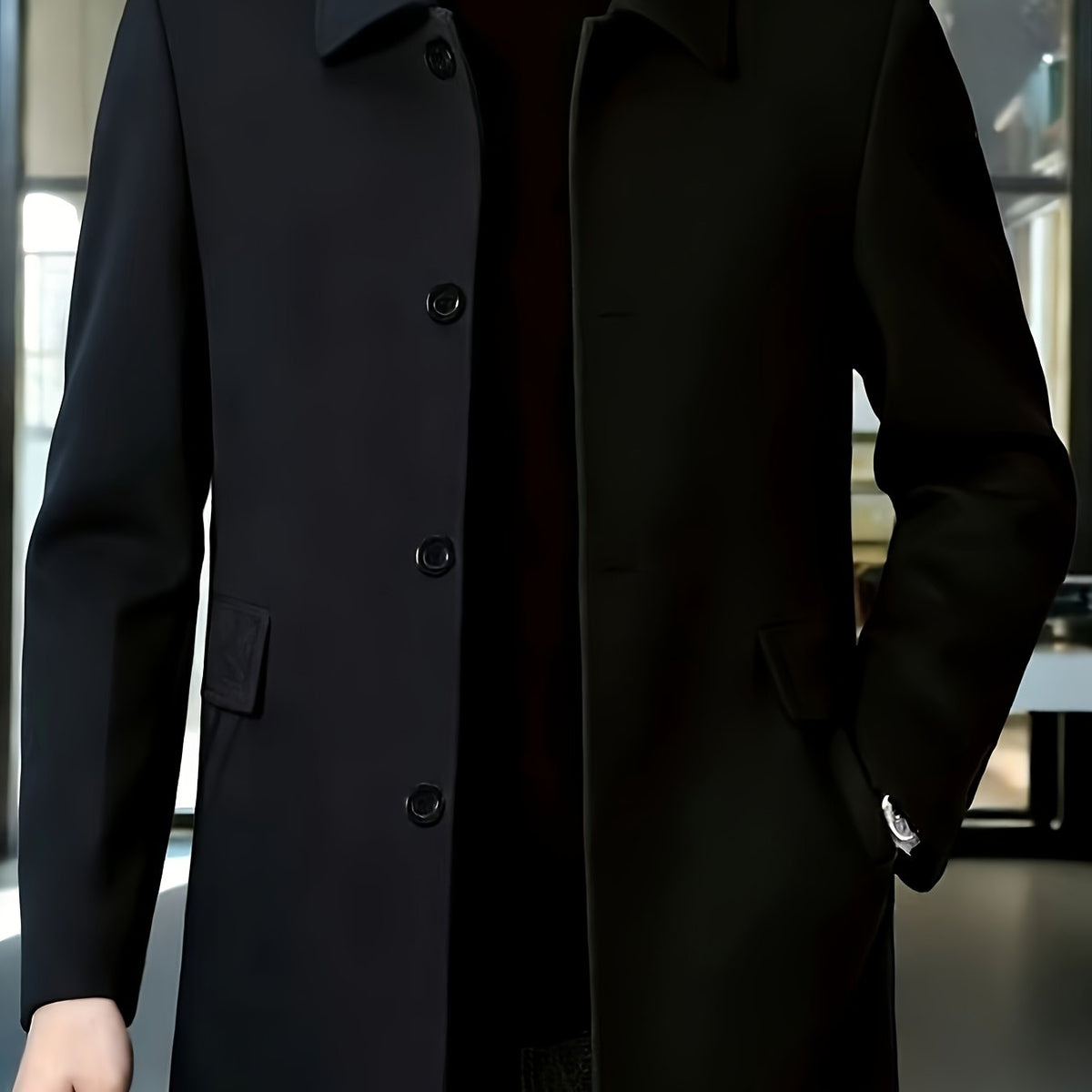 Men's Refined Single-Breasted Overcoat with Side Pockets