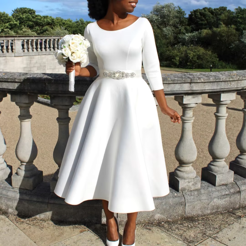 Women's A-Line Midi Dress Three-Quarter Sleeve Dress for Events and Everyday Wear