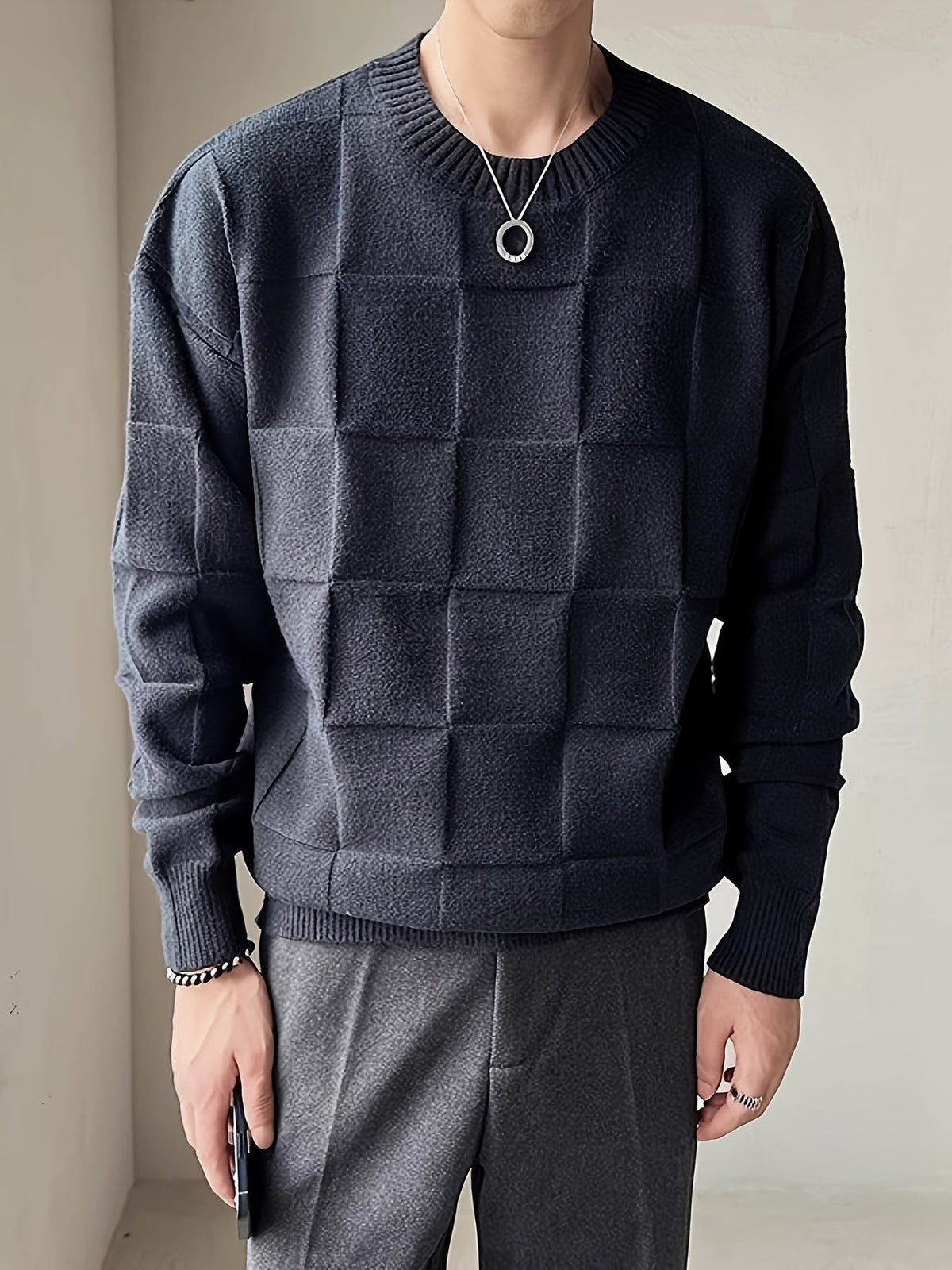 Women's Textured Checkerboard Crewneck Sweater