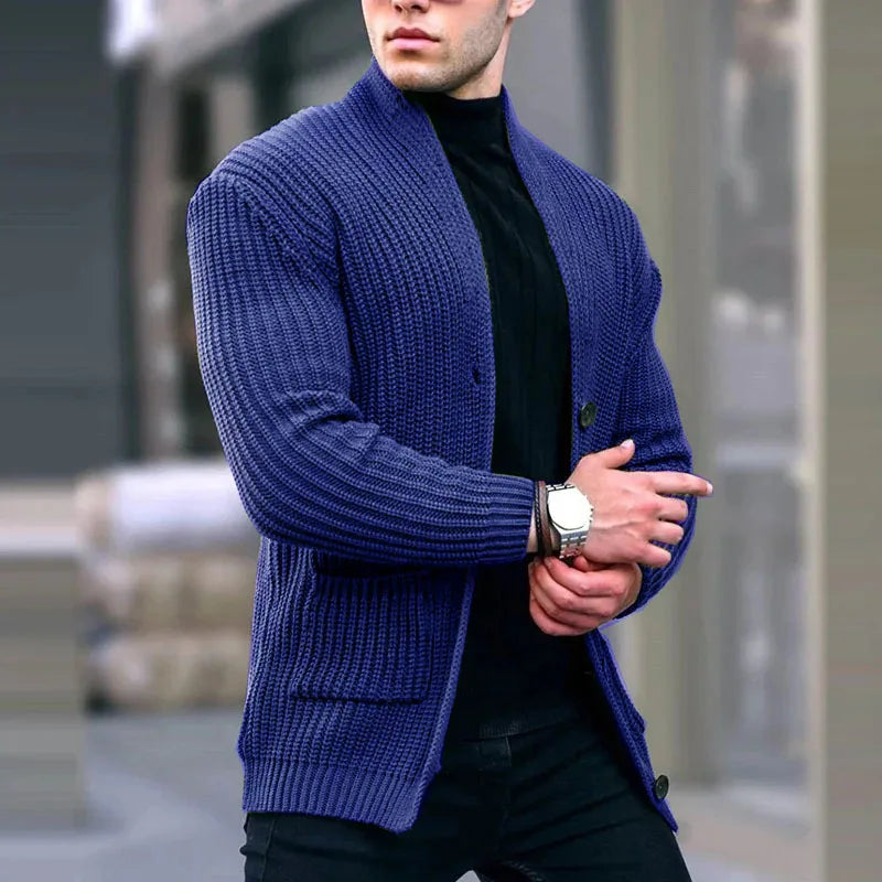 Men's Relaxed Open-Neck Knit Cardigan with Pockets - Dark Blue
