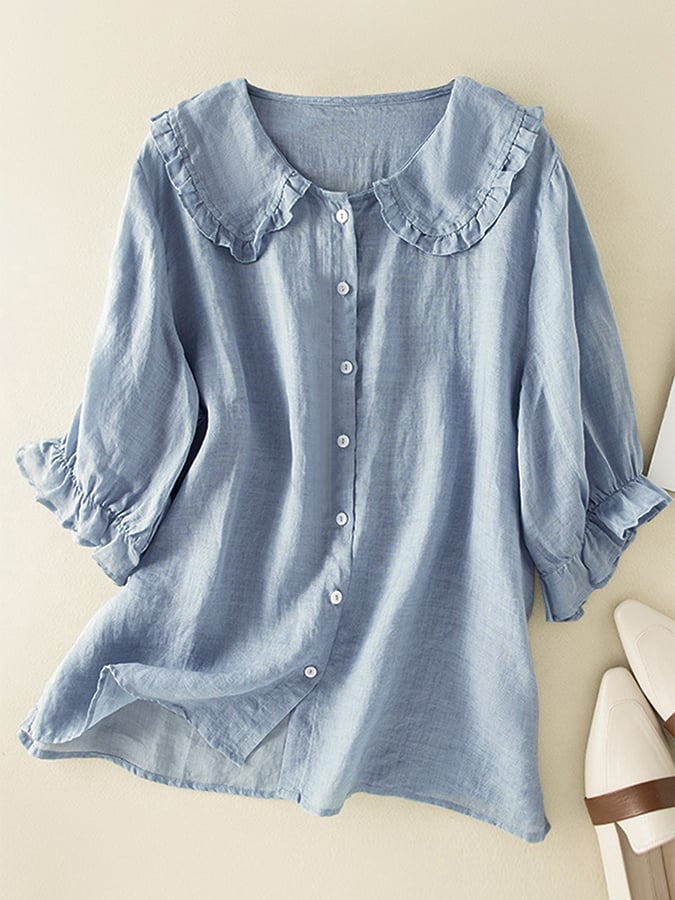 Women's Relaxed Summer Shirt Button-Front Blouse with Ruffled Collar and Cuffs