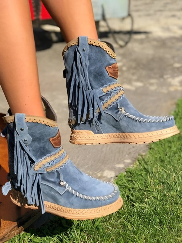 Women's Fringe Ankle Boots with Woven Detail - Blue