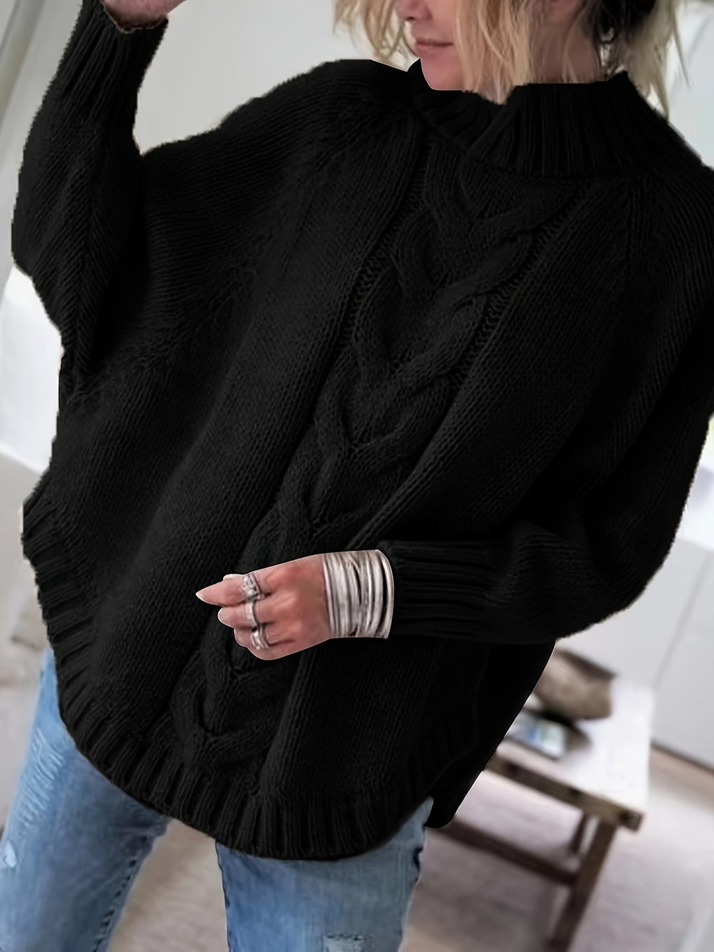 Women's Cable-Knit High Neck Relaxed Sweater