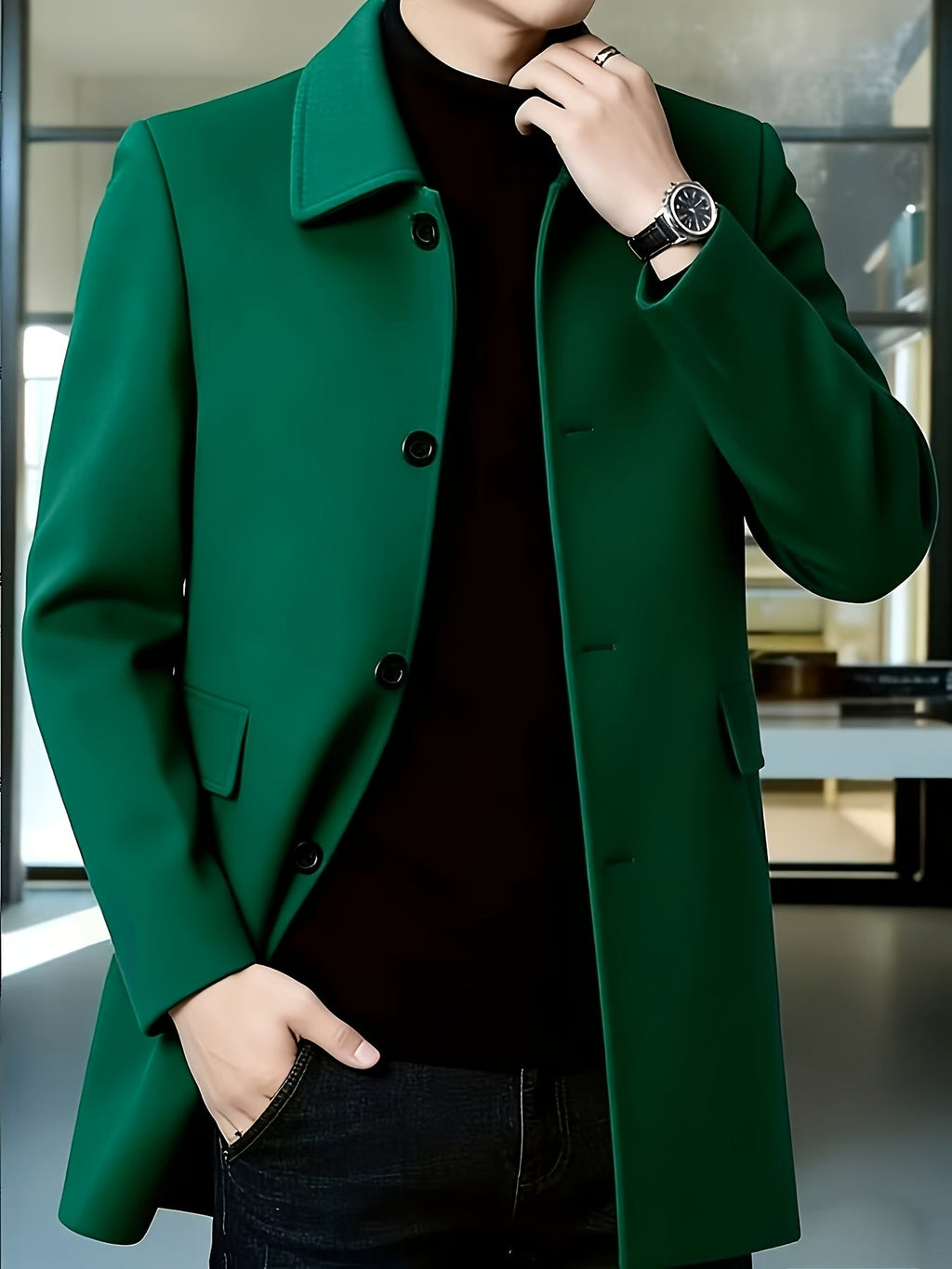 Men's Refined Single-Breasted Overcoat with Side Pockets