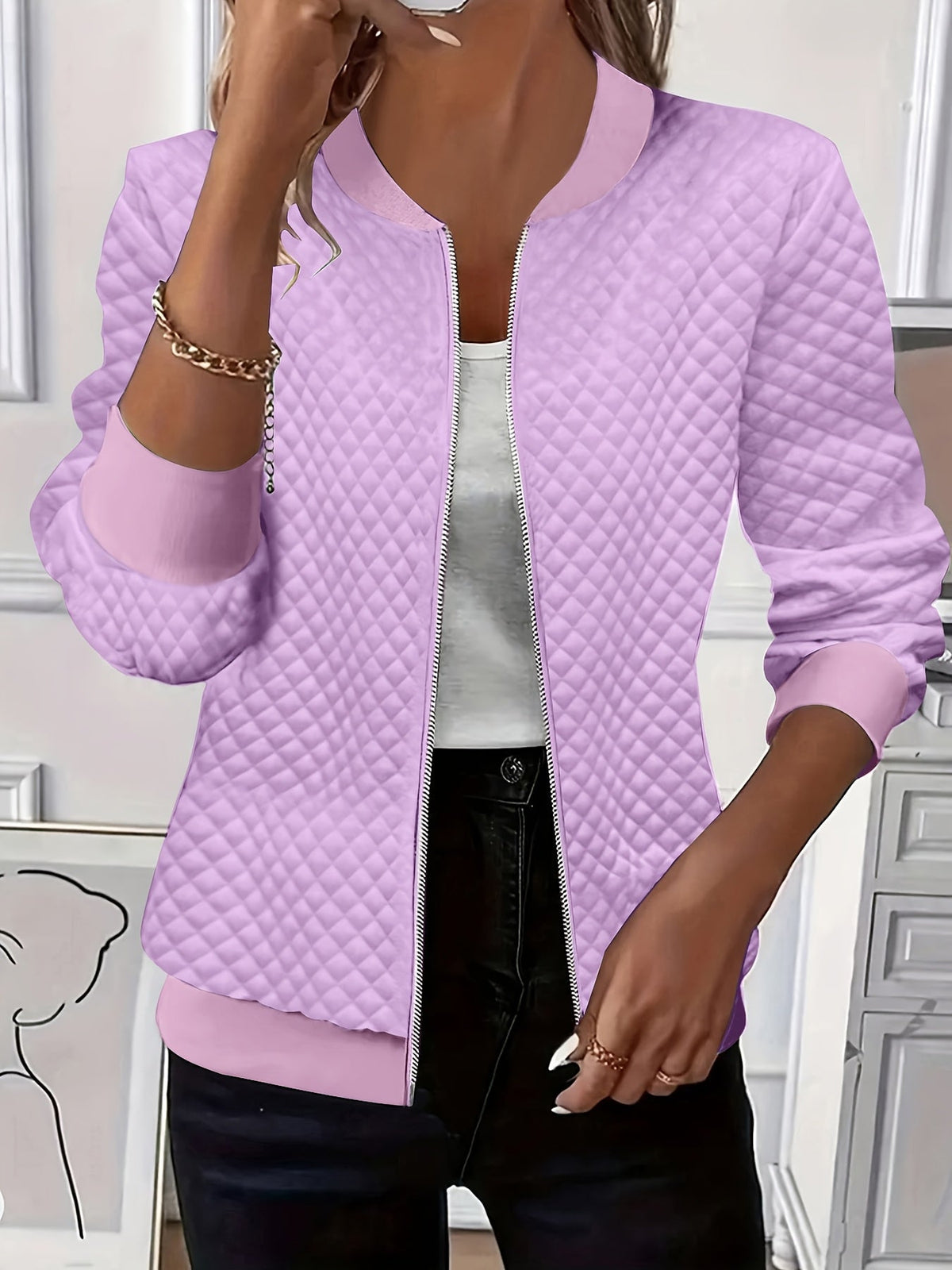 Women's Quilted-Texture Baseball Collar Jacket - Violet