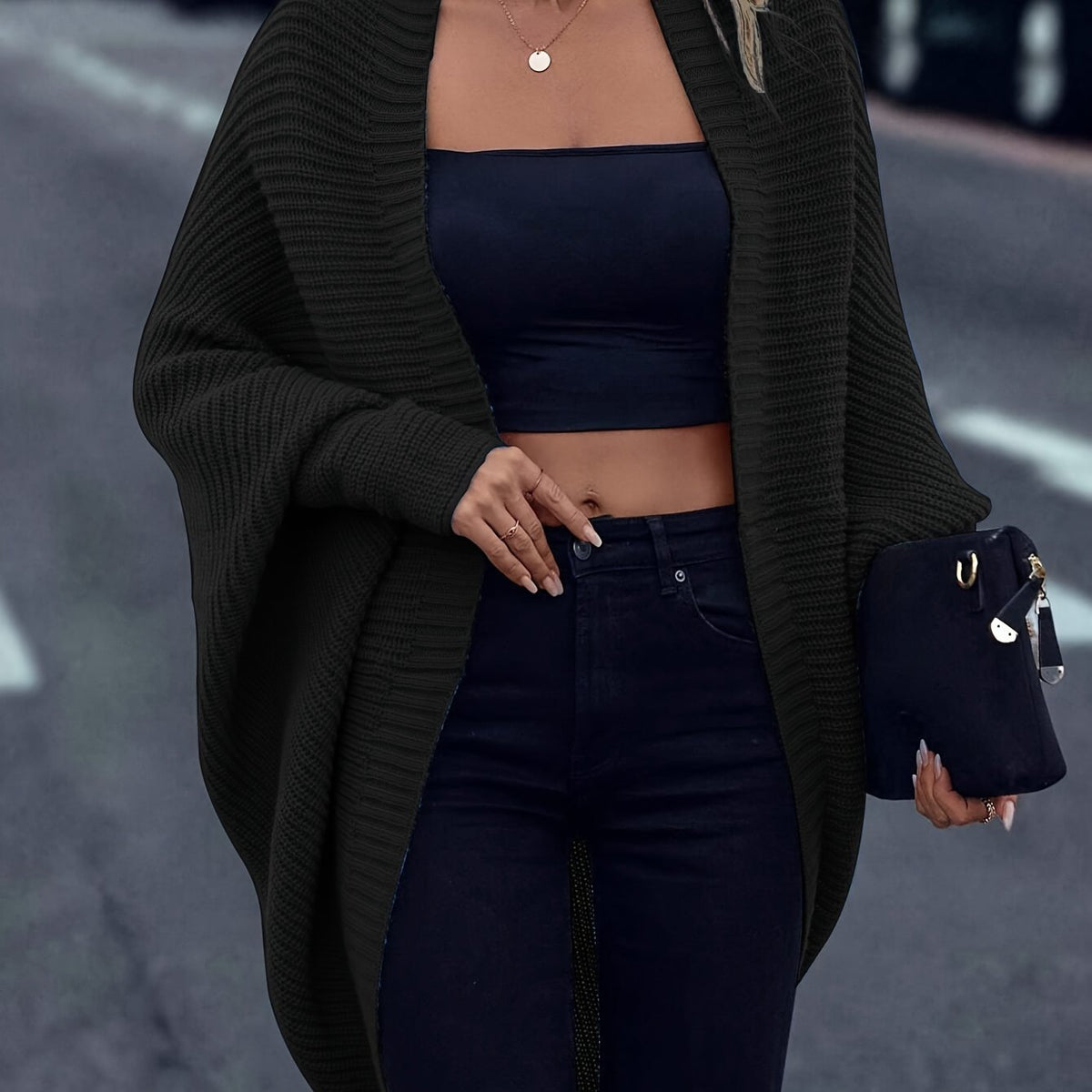Women's Longline Draped Christmas Cardigan - Black